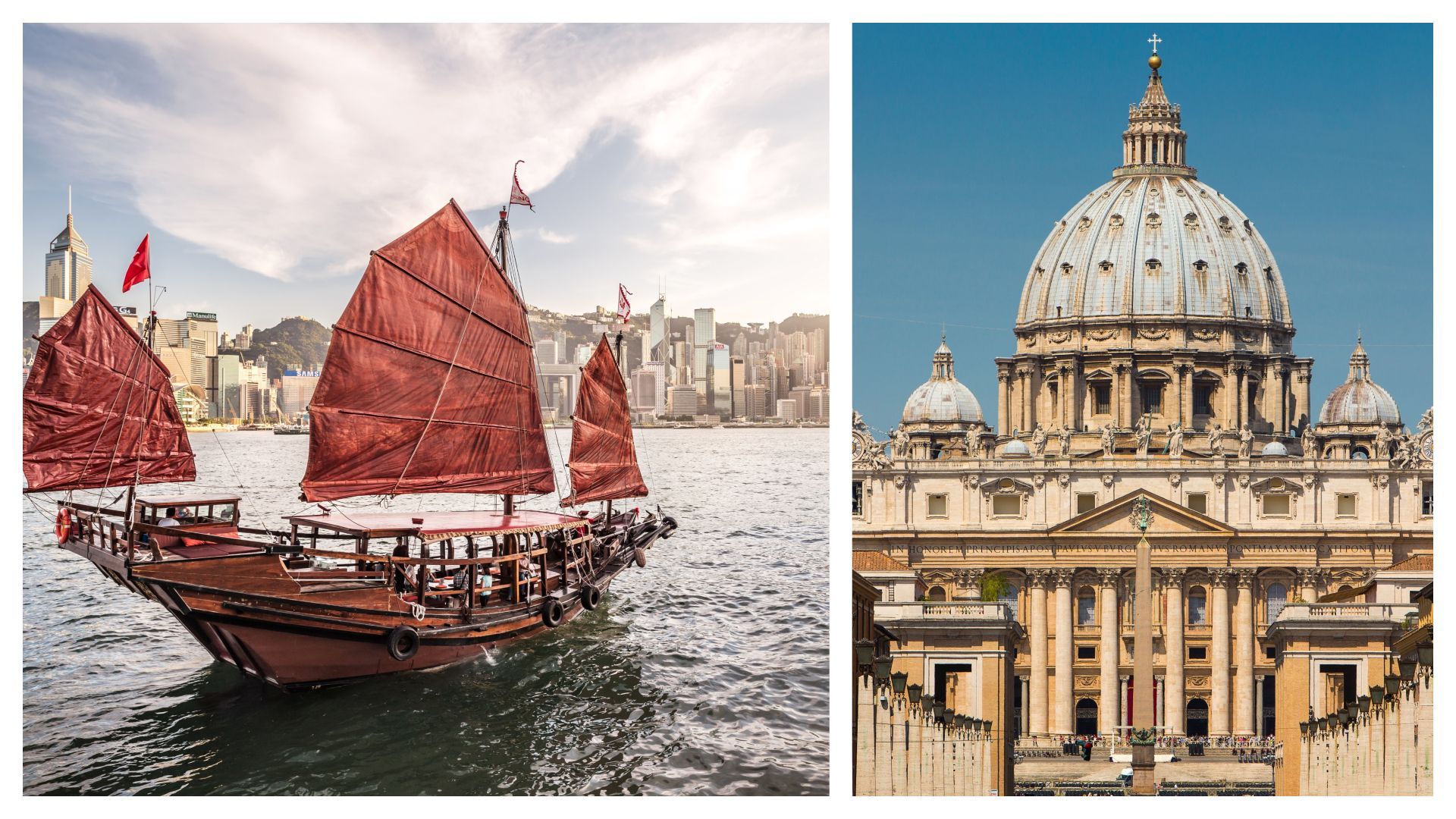 Vues de Hong Kong et de la basilique Saint-Pierre, au Vatican, à Rome (illustration) 