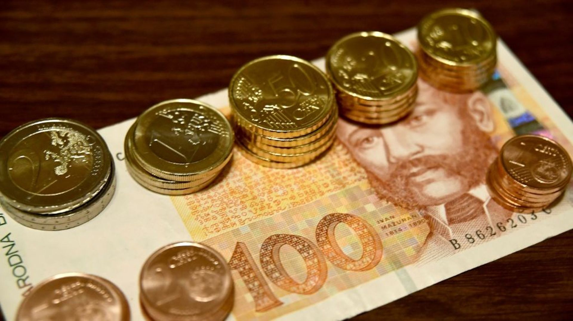 Un billet de 100 kunas et des pièces d'euro, photographiés le 30 décembre 2022 à Zagreb