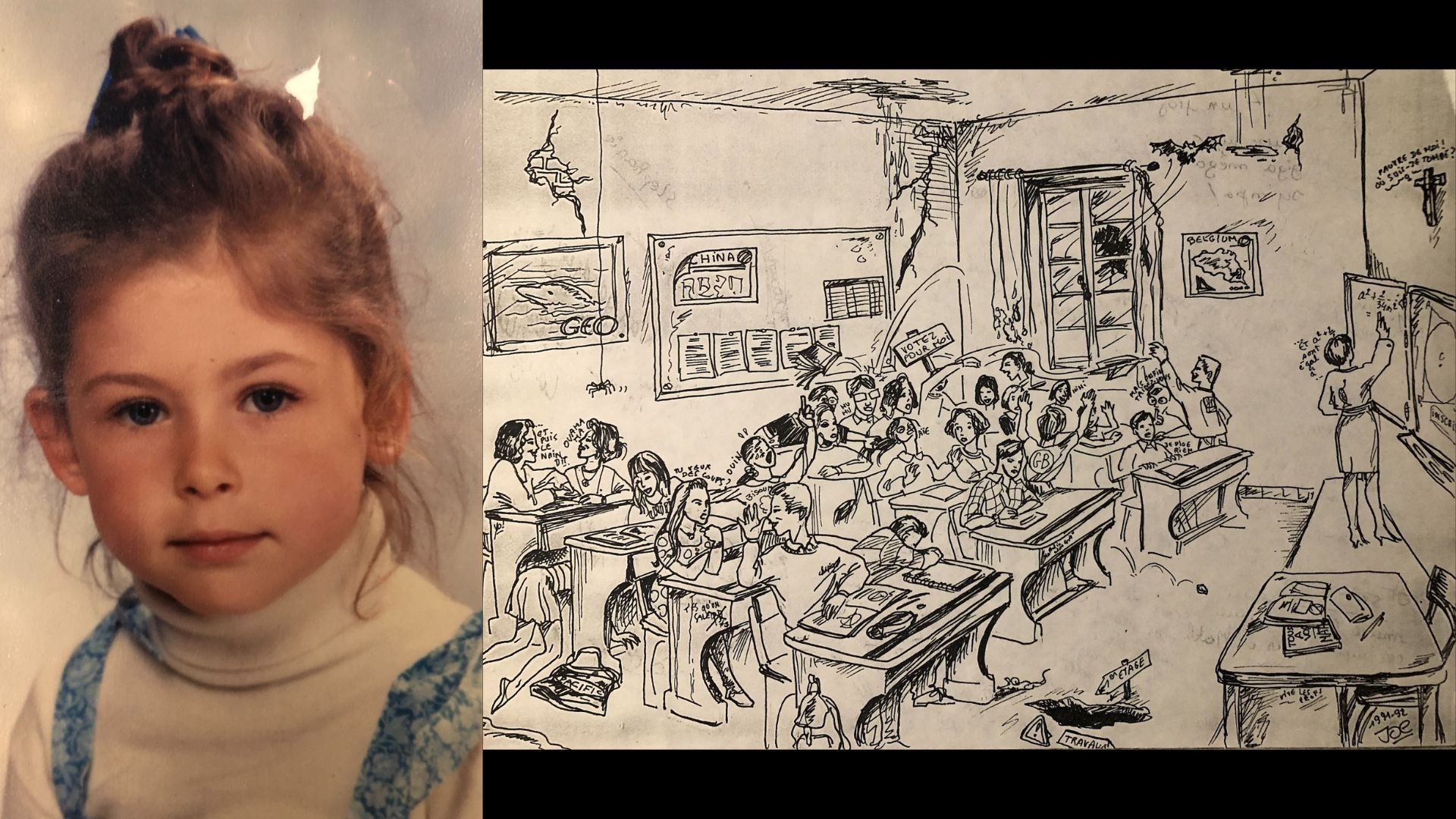Joëlle Scoriels, lorsqu’elle était enfant, et un dessin qu’elle a réalisé lors de son adolescence.