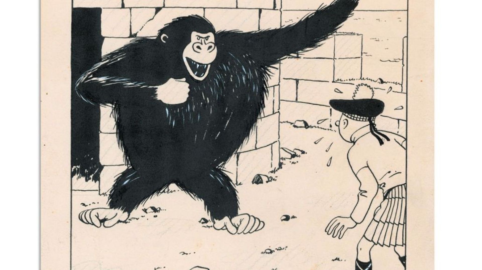 Le dessin qui représente le jeune reporter en costume traditionnel écossais face au gorille de "L'île noire" est estimé entre 270 000 et 300 000 euros.