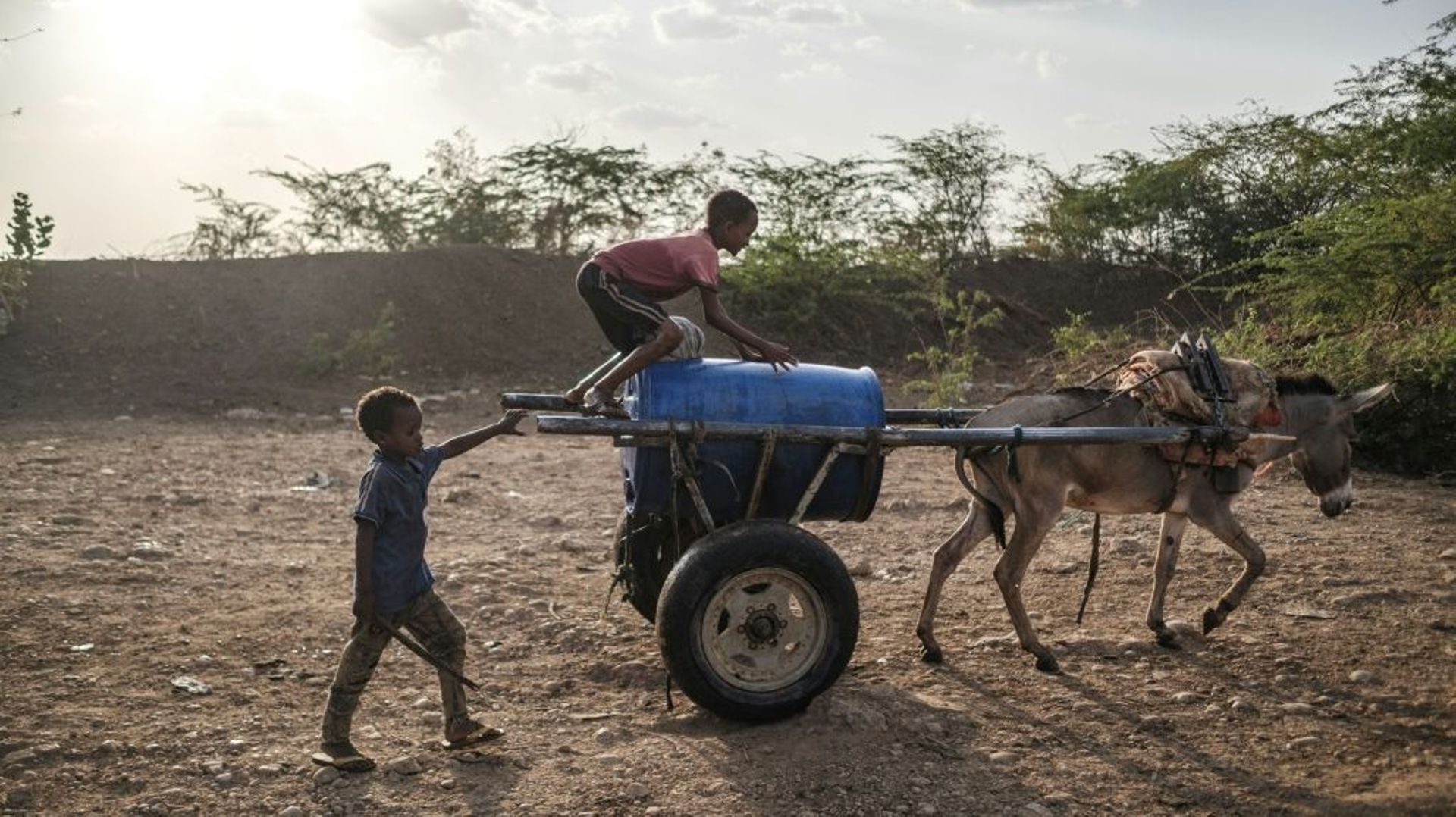 Des enfants vont chercher de l’eau à la rivière Shabelle à Gode, en Ethiopie, le 6 avril 2022