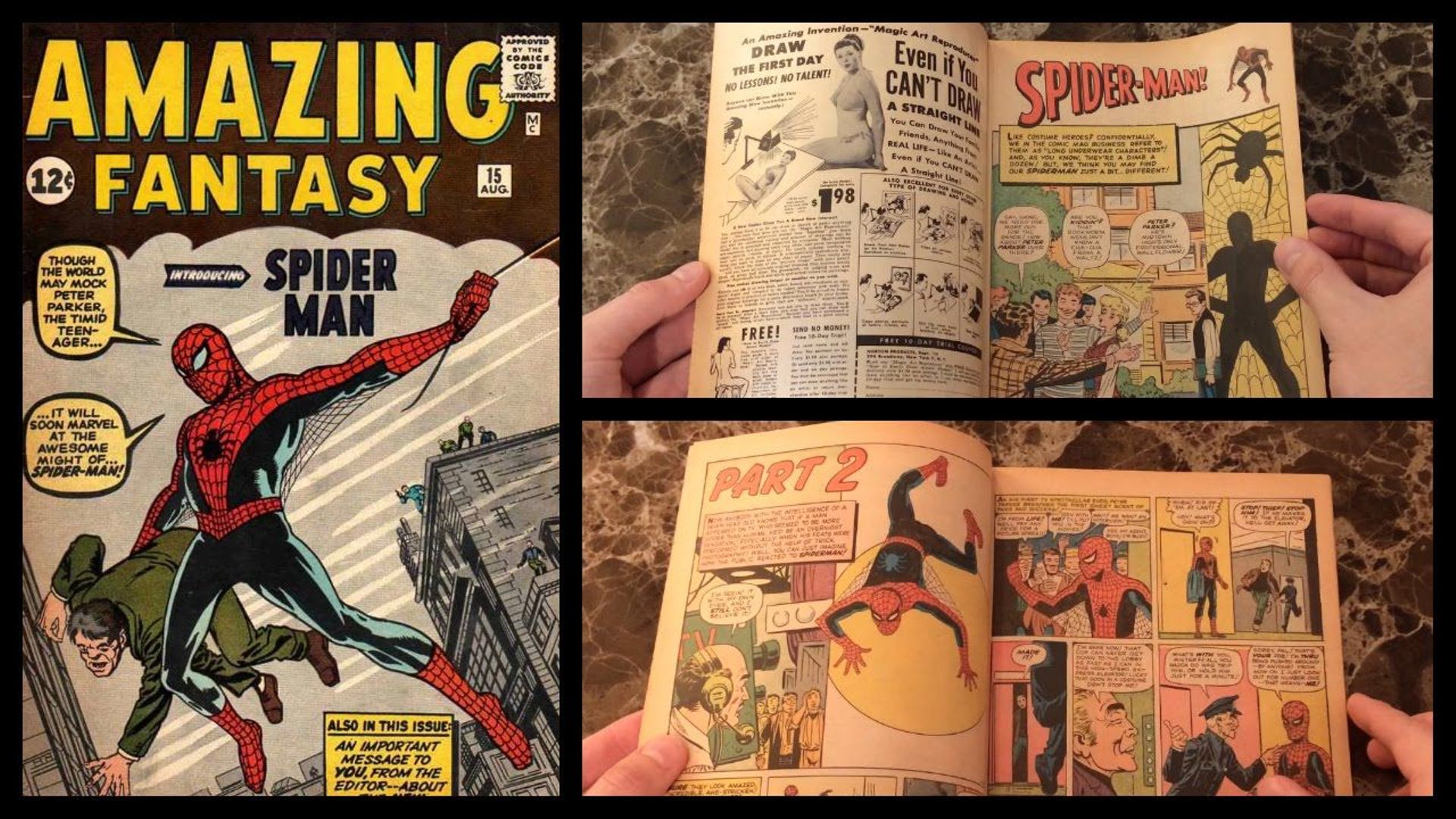 Première apparition de Spider-Man en 1962, dans la revue comics Amazing Fantasy