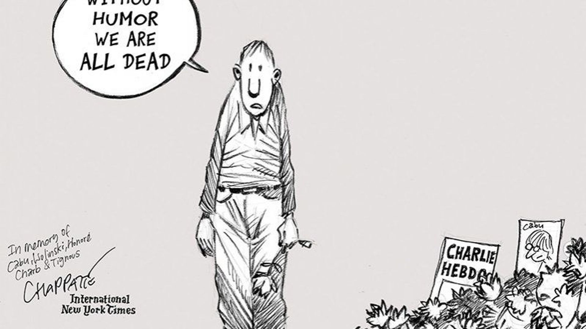 Un dessin de Patrick Chappatte publié en Une du New York Times en Janvier 2015, après les attaques de Charlie Hebdo