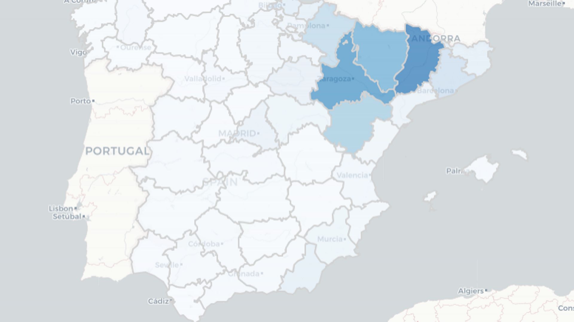 Carte des données par provinces en Espagne.