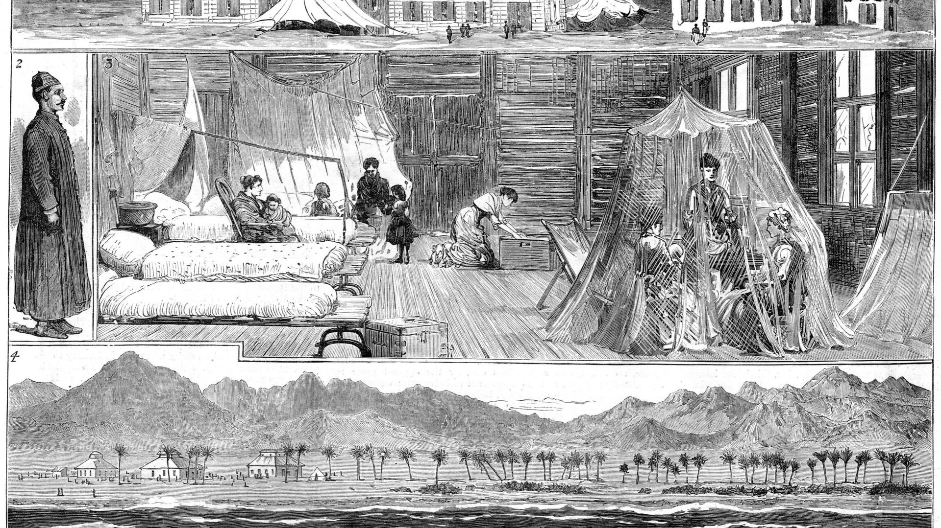 Européens dans un camp de quarantaine pour la variole à El Tor, Afrique du Nord, 1884.