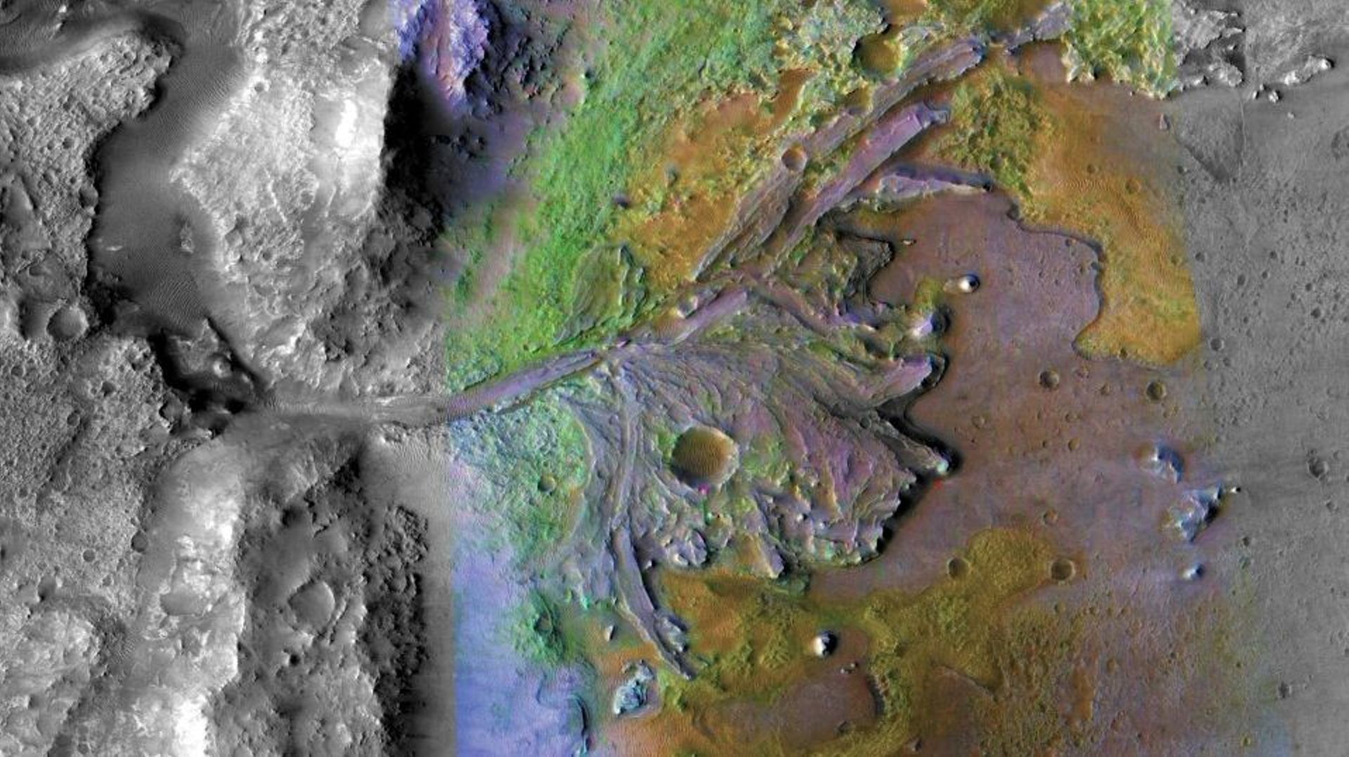 Image fournie par la Nasa du cratère de Jezero, sur Mars, où atterrira en 2021 le rover Mars 2020