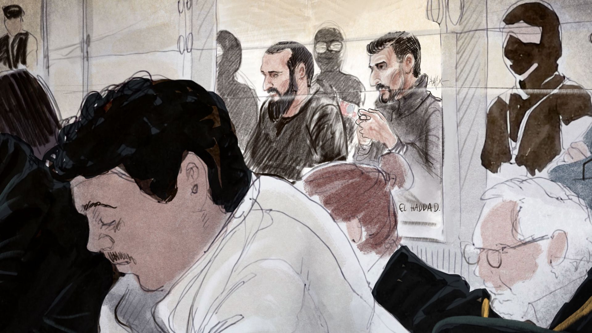 Croquis d'Ali El Haddad Asufi, l'un des accusés au procès des attentats de Bruxelles.