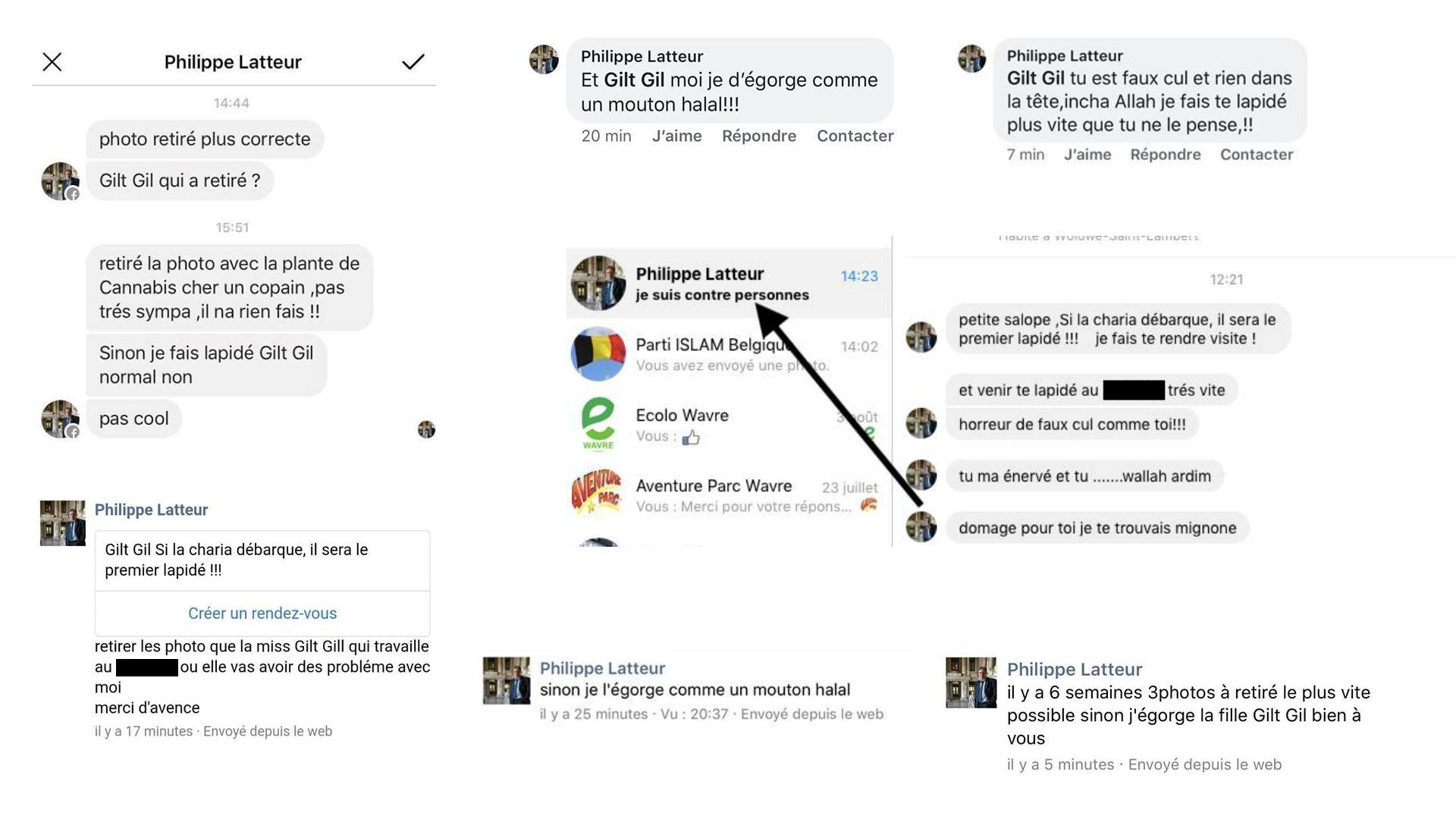 Captures d'écran d'une série de messages visant une internaute, publiés sur Facebook au nom de Philippe Latteur.