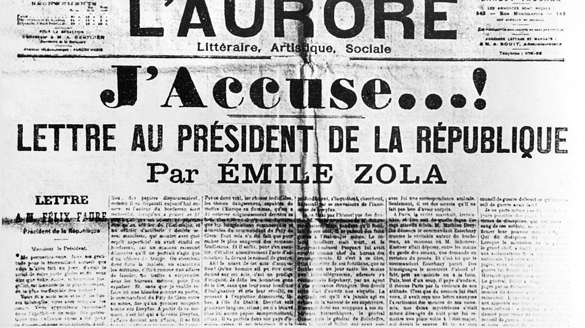 La lettre au président de la République d’Emile Zola, publiée dans L’Aurore, le 13 janvier 1899.