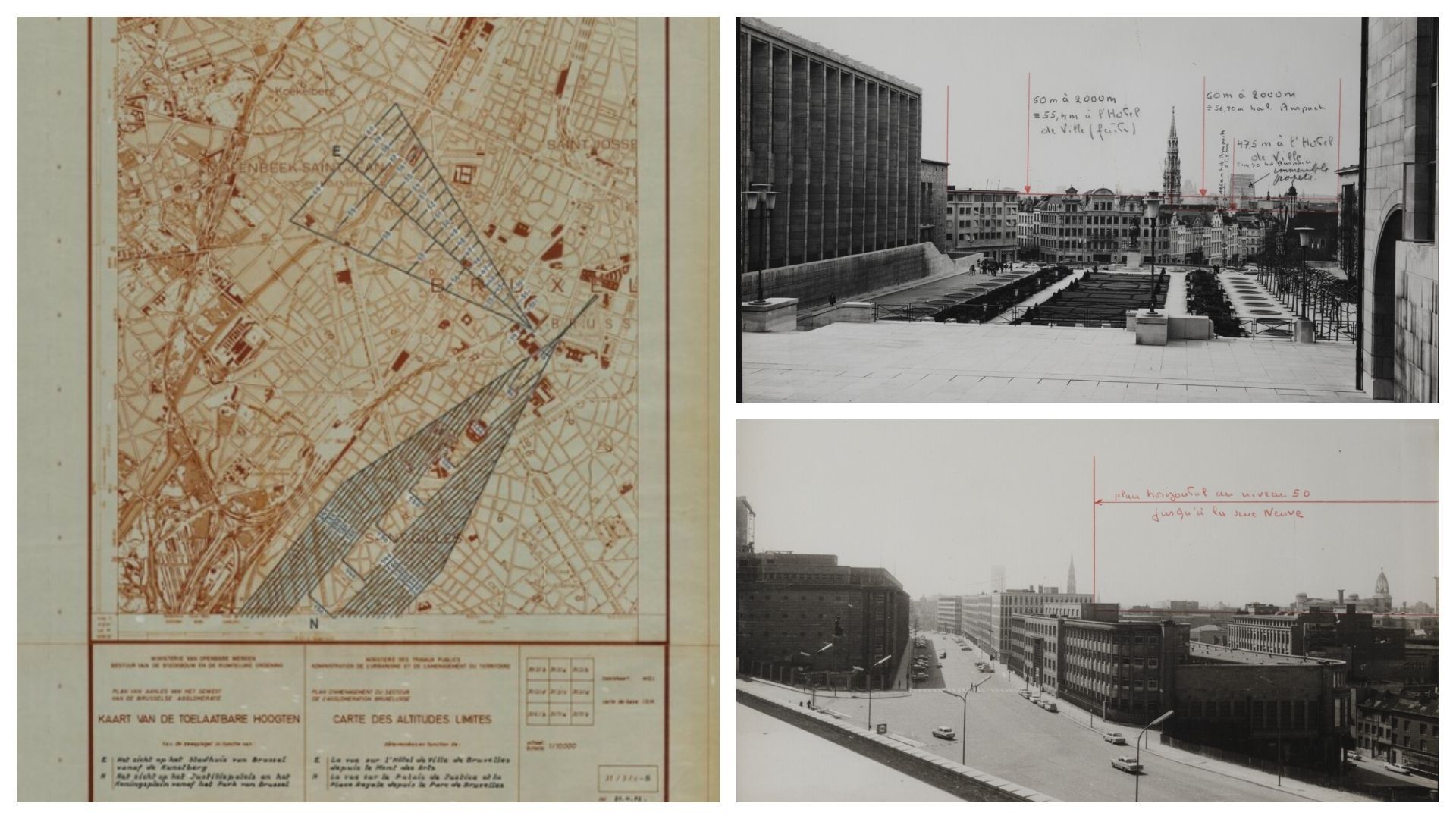 L’une des cartes de l’Atlas des altitudes limites (deux cônes visuels y sont dessinés : la vue vers l’hôtel de ville depuis le Mont des Arts et la vue sur le Palais de Justice depuis le parc de Bruxelles), ainsi que deux clichés de repérage pour préparer