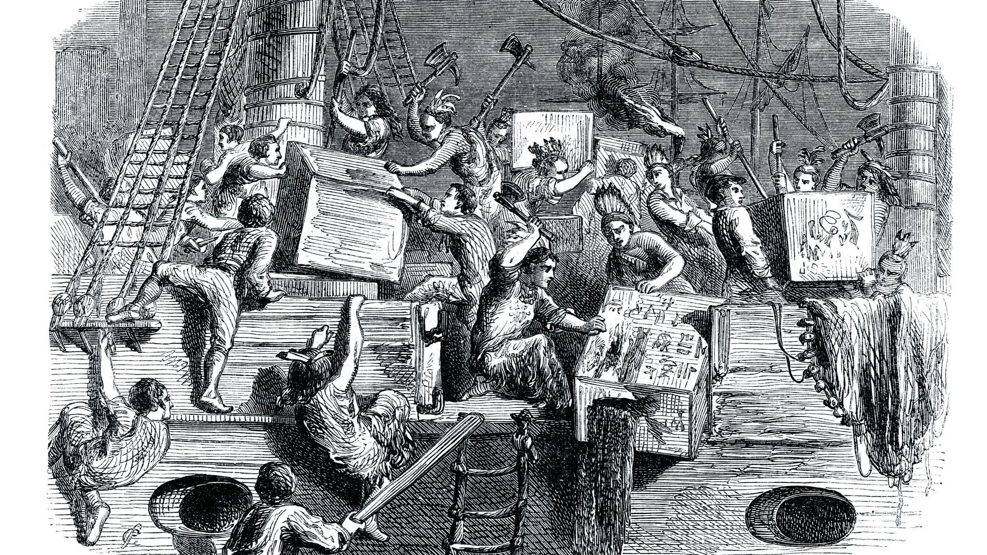 Dessin de 1890 représentant la Tea Party de Boston (Ducan)