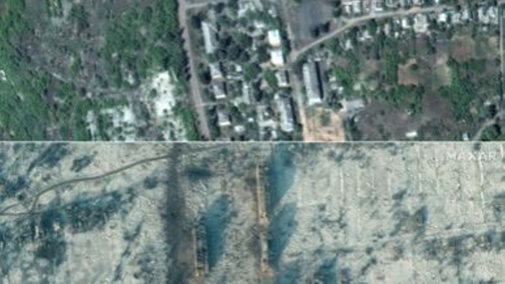 (COMBO) This combination of handout satellite images by Maxar Technologies shows the buildings and roads on August 1, 2022 (Top) and an image of destroyed buildings at the same location taken on January 10, 2023 (Bottom) in southern Soledar, near Bakhmut 