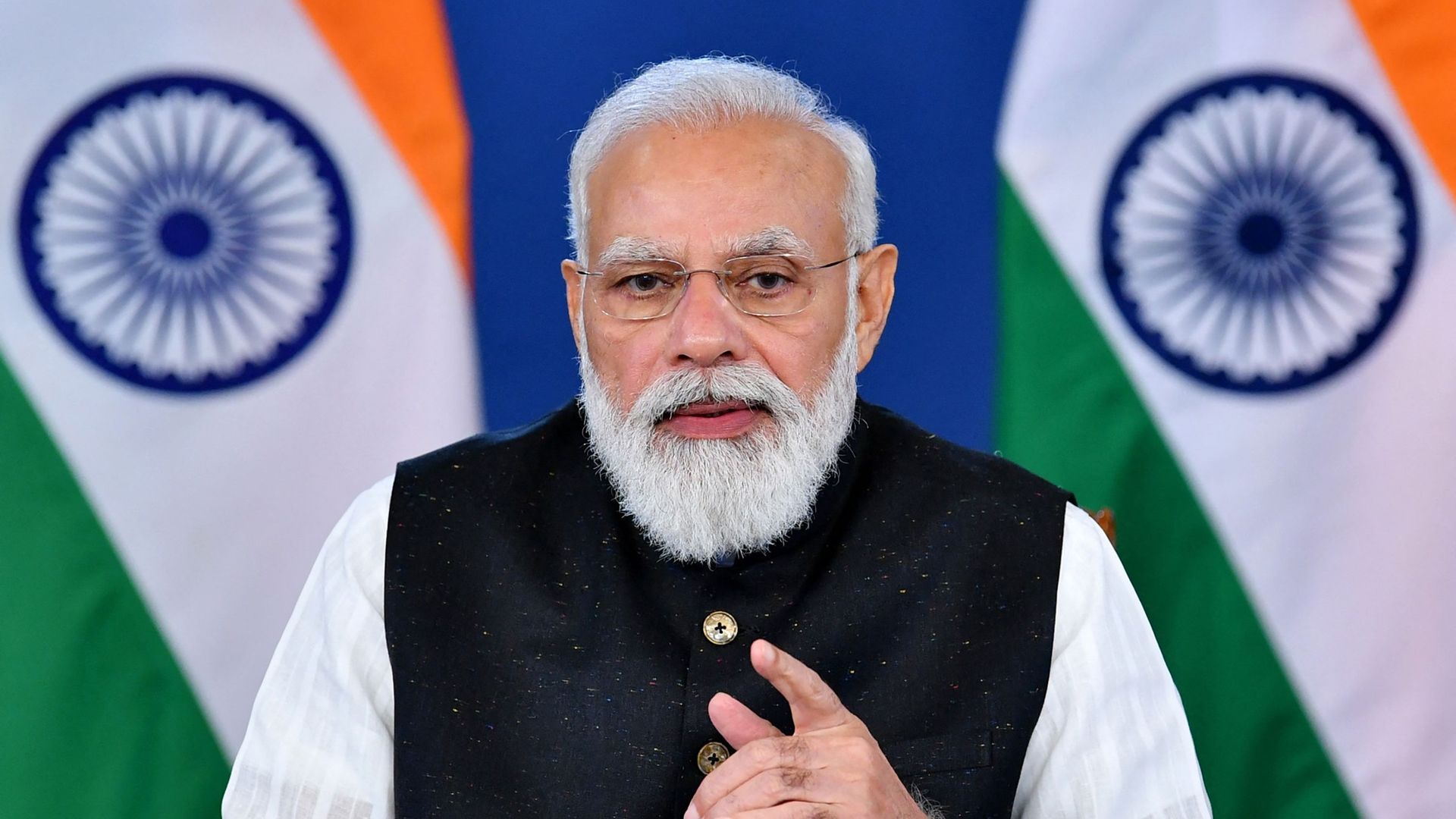 Le Premier ministre indien Narendra Modi s'exprimant alors qu'il participait à un sommet extraordinaire virtuel du G20 sur l'Afghanistan, à New Delhi.