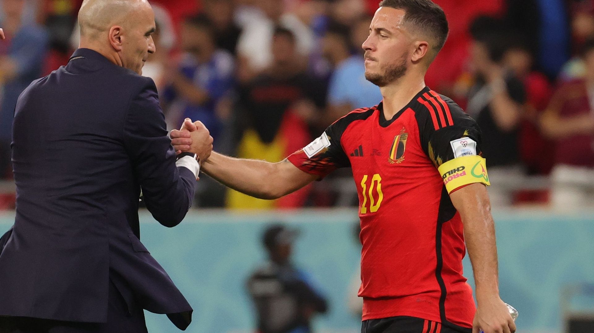Roberto Martinez et Eden Hazard lors de la rencontre Belgique Croatie lors de la Coupe du Monde 2022