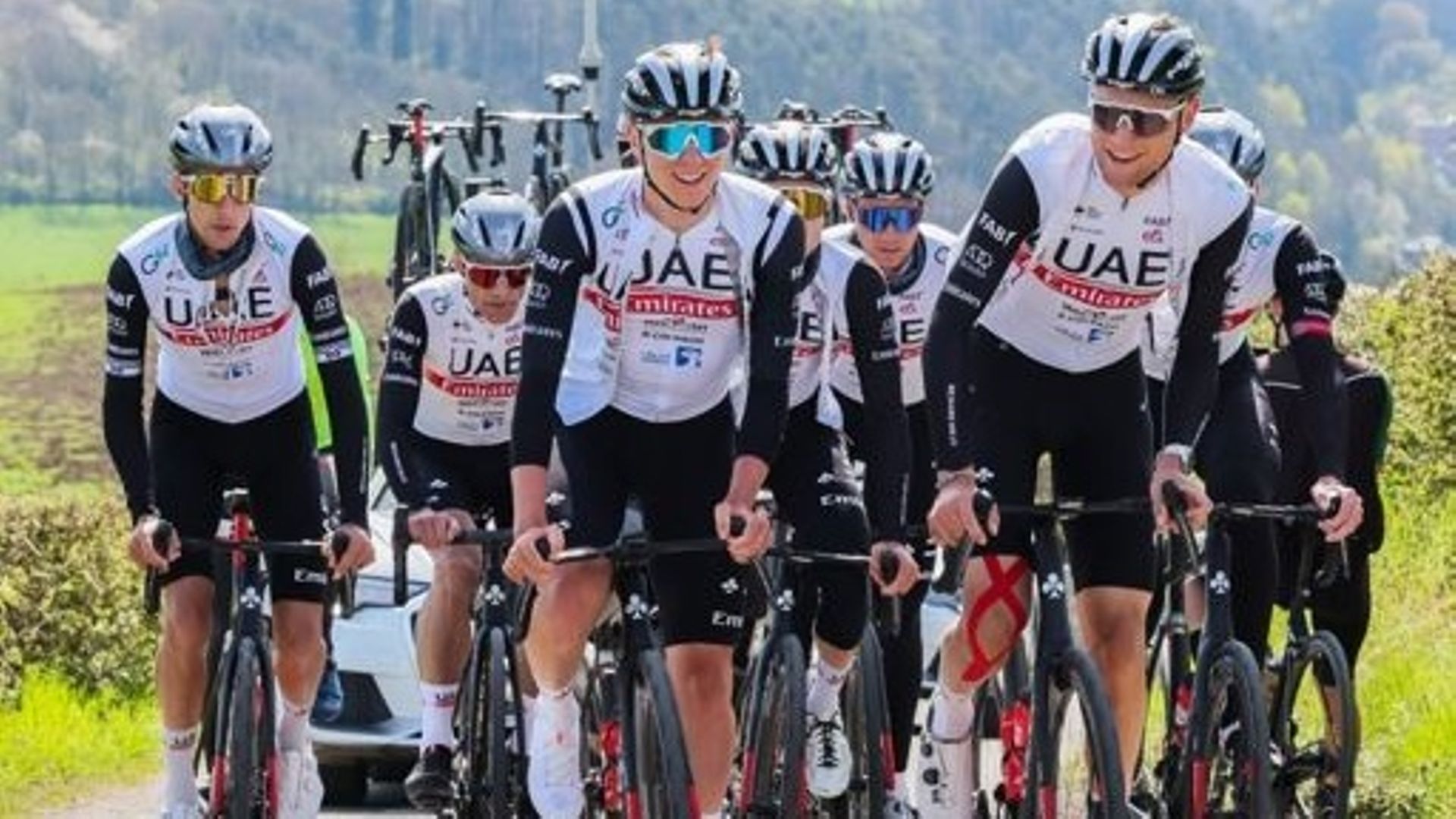 Slovenian Tadej Pogacar and teammates of UAE Team Emirates pictured in action during a training and track reconnaissance session, ahead of the Liege-Bastogne-Liege one day cycling race, in Remouchamps, Aywaille, Friday 21 April 2023. BELGA PHOTO BENOIT DO