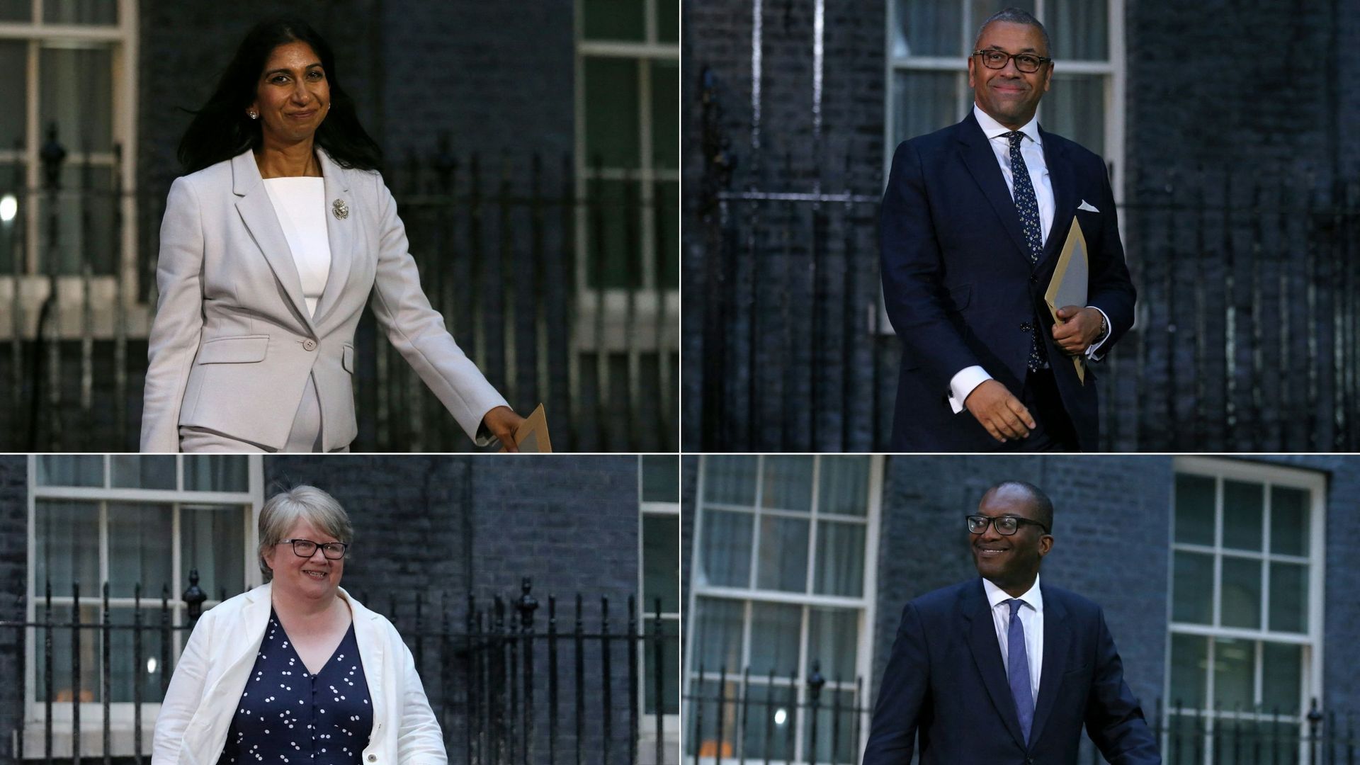 D'en-haut à gauche à en-bas à droite : la ministre de l'Intérieur britannique, Suella Braverman, le ministre des Affaires étrangères britannique, James Cleverly, la ministre de la Santé britannique, Therese Coffey, et le nouveau chancelier de l'Échiquier 