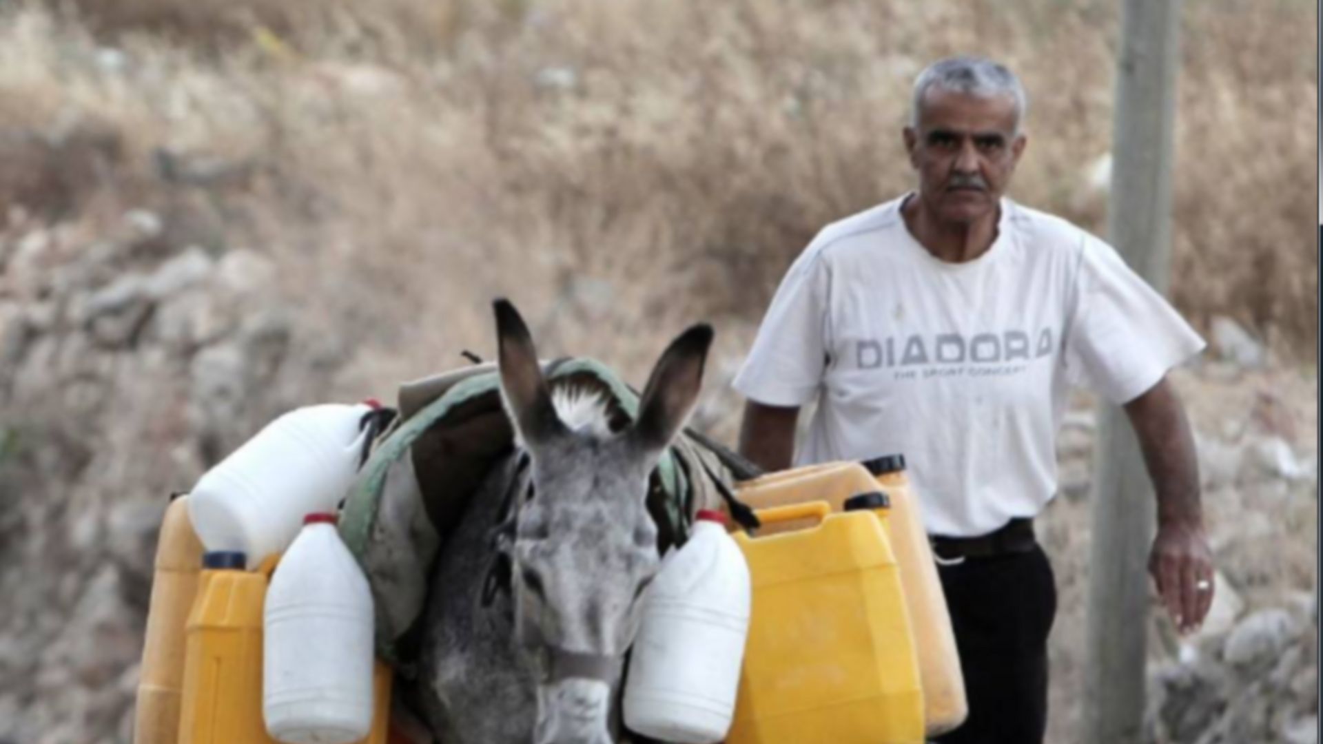 Un homme transporte de l'eau à dos d'âne dans un village de Cisjordanie