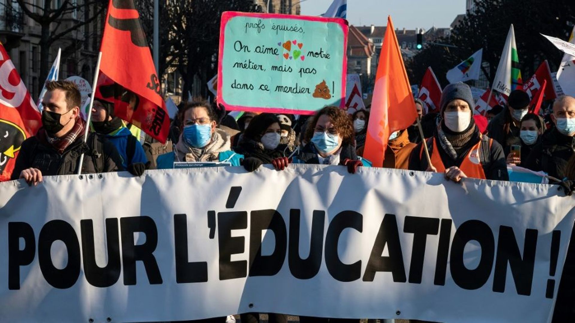 Manifestion à Strasbourg le 13 janvier 2022 des enseignants et autres personnels de l'Education nationale, exaspérés par la valse des protocoles sanitaires liés au Covid-19