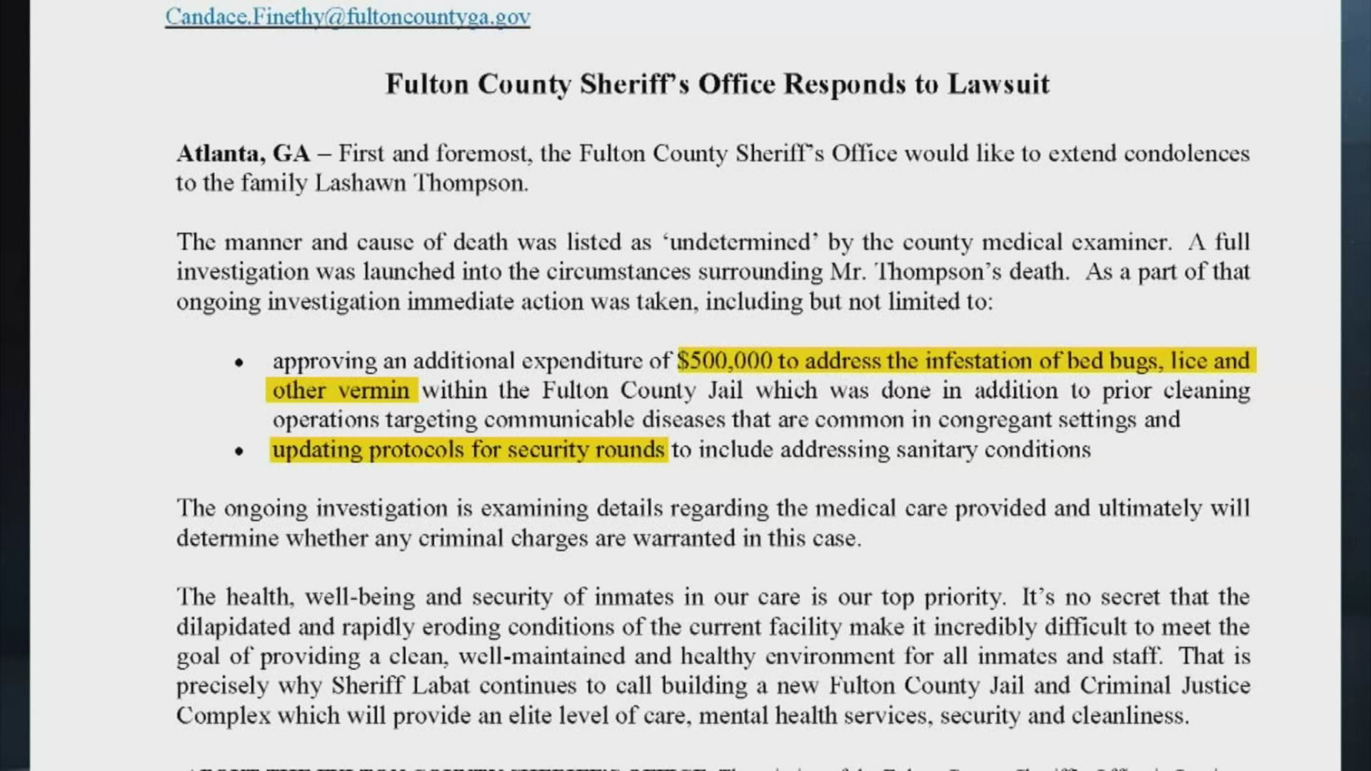 Le communiqué de presse du bureau du shérif du comté de Fulton.