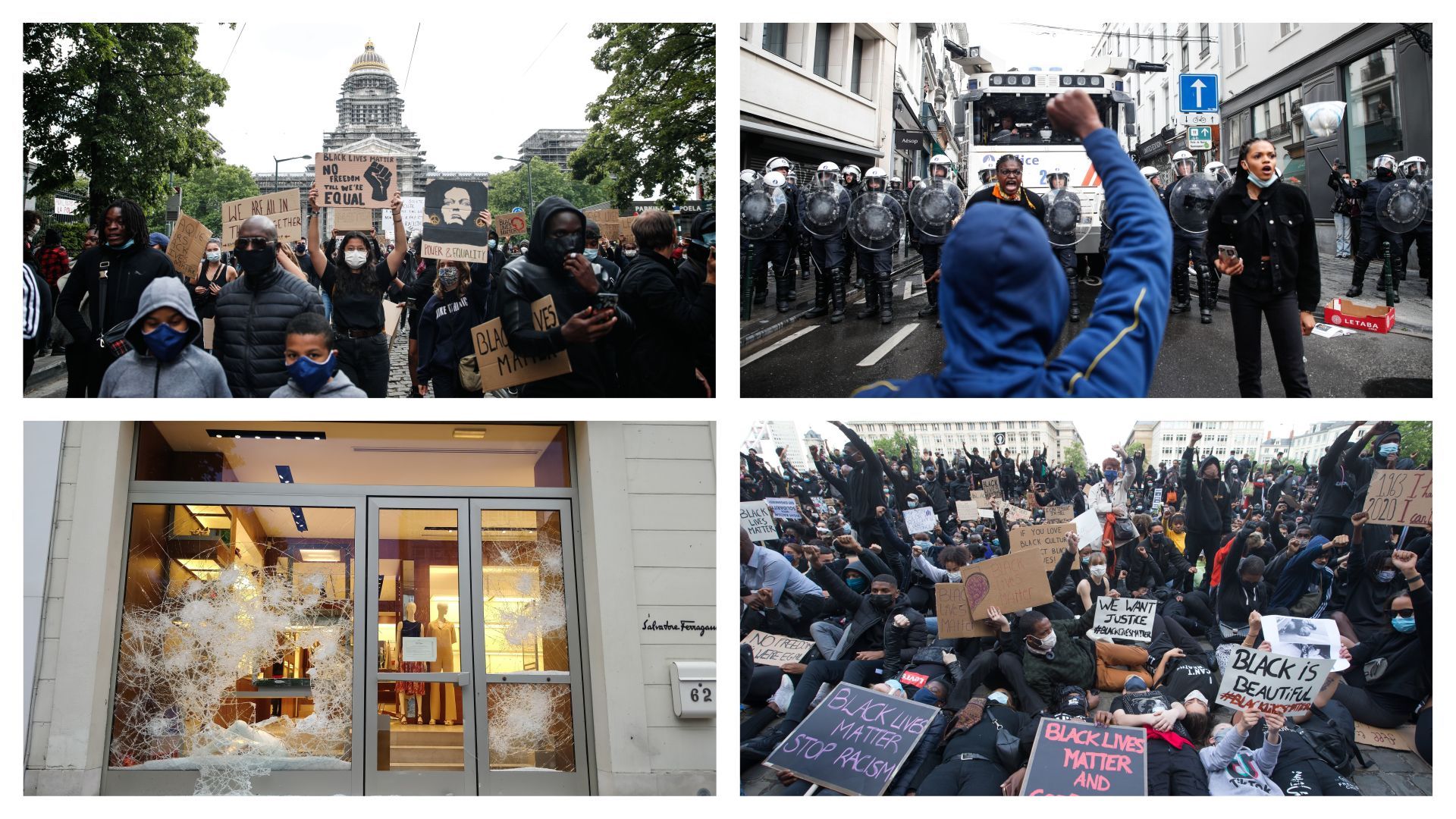 Manifestation contre la racisme et les violences policières, déploiement policier et casse dans le quartier de la Porte de Namur, ce 07 juin à Bruxelles