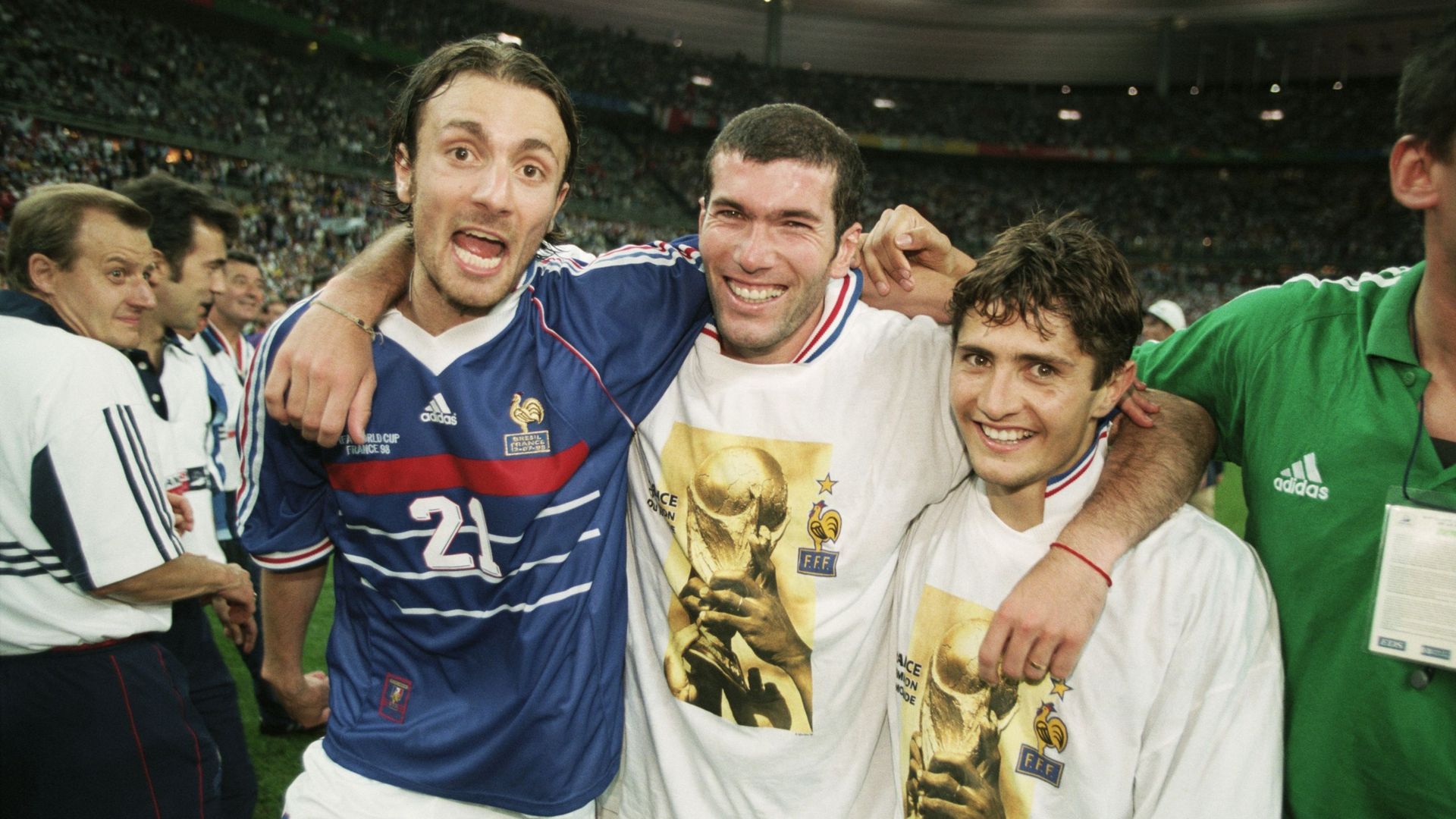 Christophe Dugarry avec Zinédine Zidane et Bixente Lizarazu en 1998.