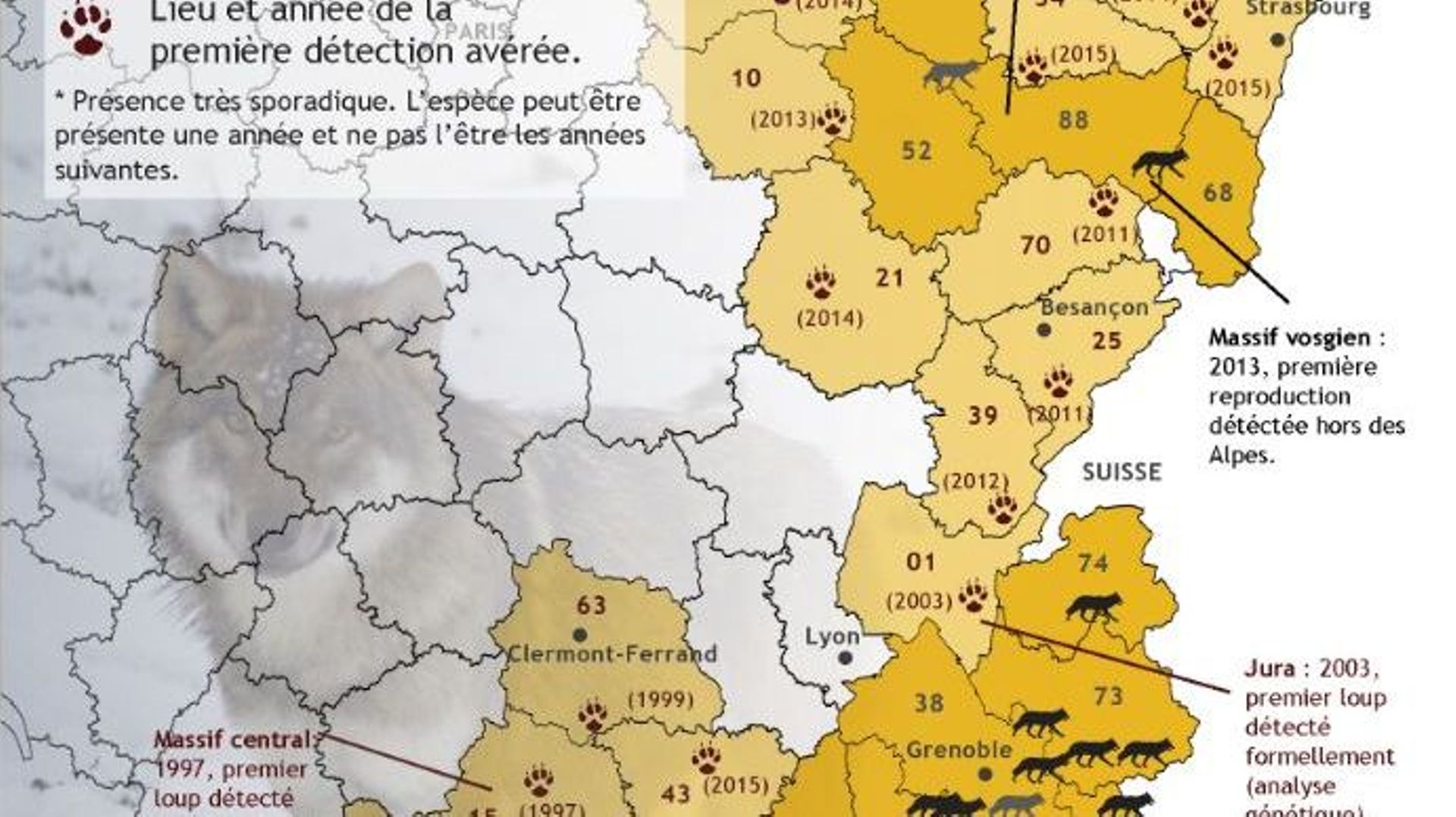Carte de répartition du loup en France en 2015 