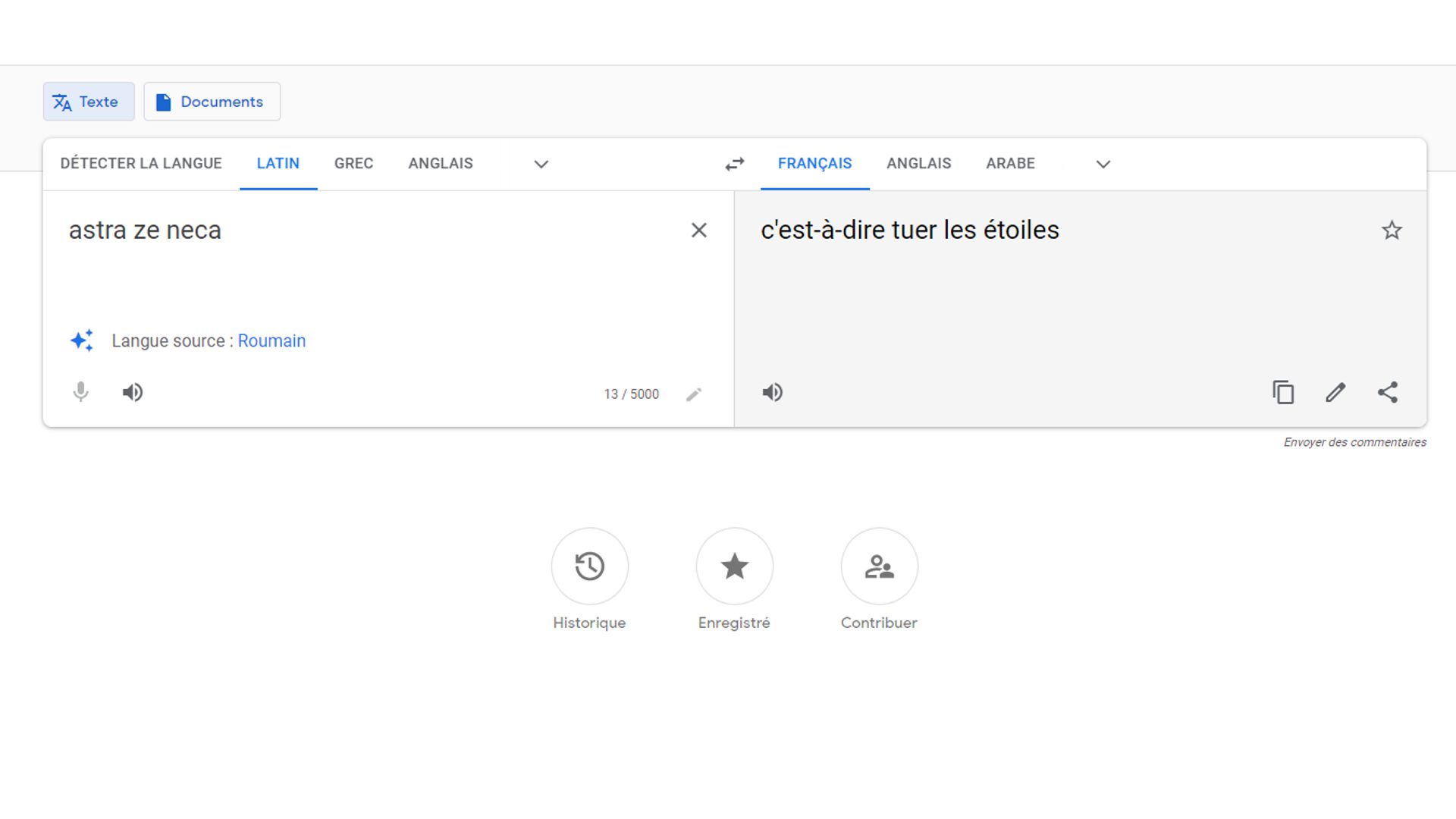 Traduction du latin vers le français proposée par Google Traduction pour "Astra Ze Neca"