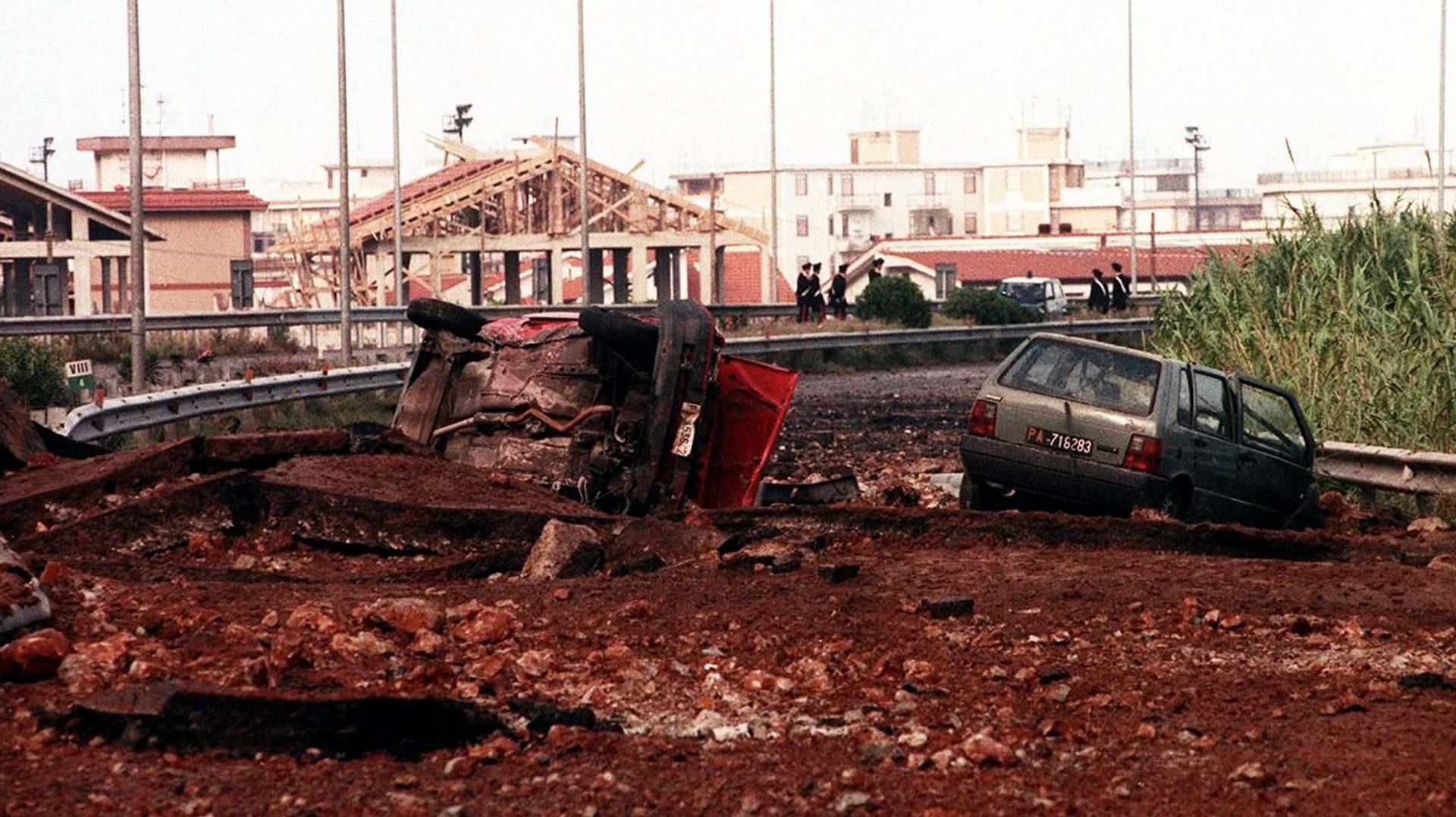  23 May 1992 shows the site where Italian Anti-Mafia judge Giovanni Falcone, his wife Francesca Morvillo and tree body-guards were killed in a bomb explosion