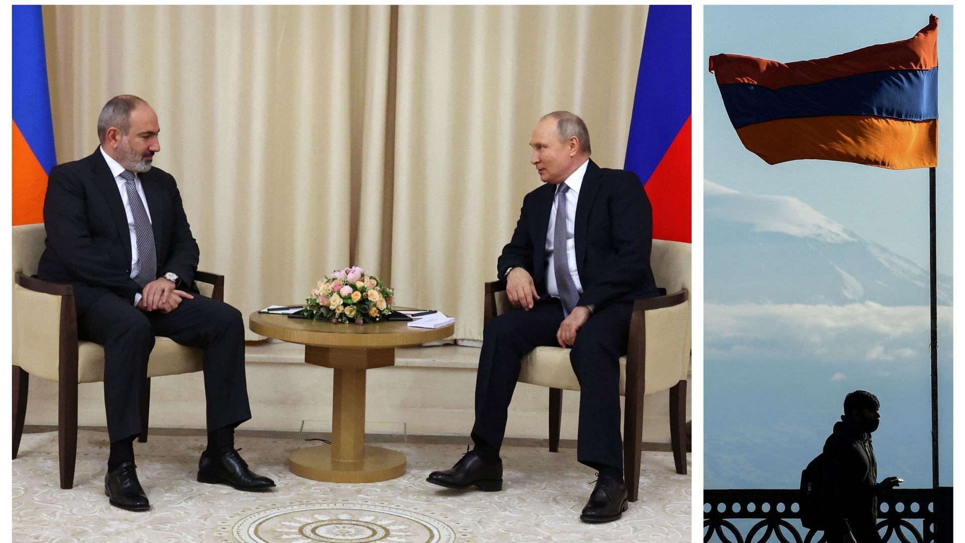 Le Premier ministre arménien et Vladimir Poutine en avril 2022 et drapeau arménien devant le mont Ararat