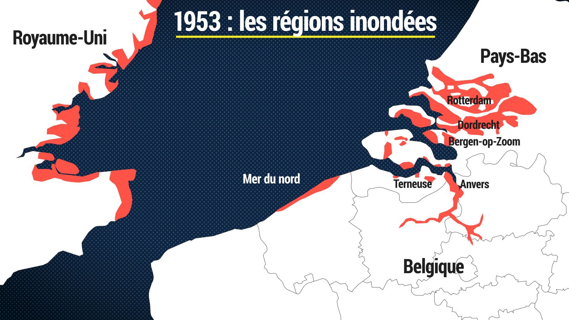 Les régions inondées en 1953 aux Pays-Bas, en Belgique et en Angleterre