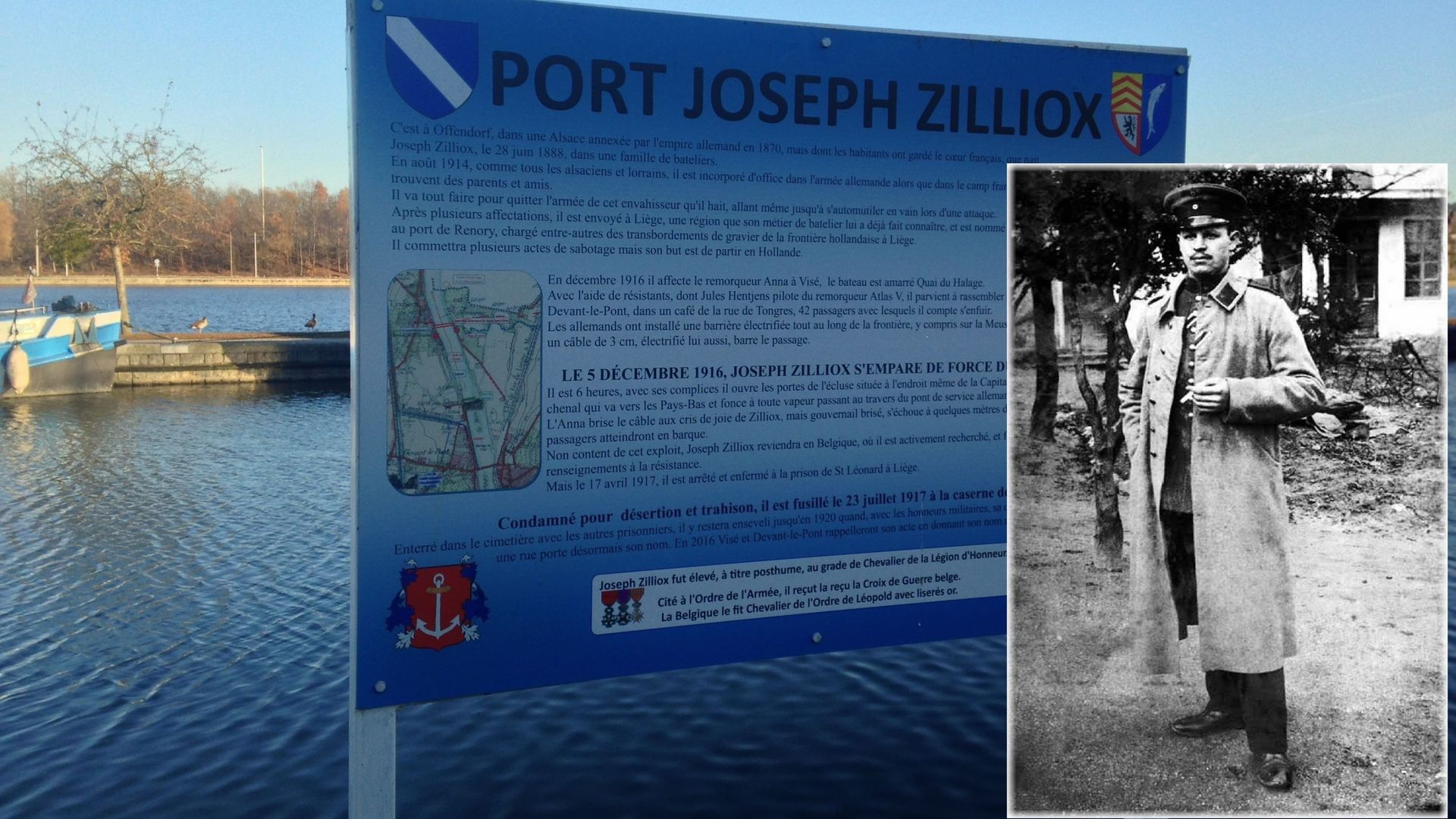 Un portrait de Joseph Zilliox et la plaque apposée au port de plaisance de Visé, sur le quai du Halage 