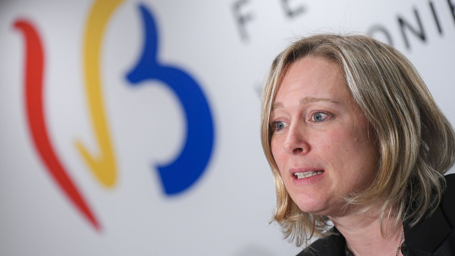 La Ministre de l'Enfance, de la Culture et des Médias Benedicte Linard photographiée lors d'une conférence de presse du gouvernement de la Fédération Wallonie Bruxelles à Bruxelles, le jeudi 19 mars 2020. 