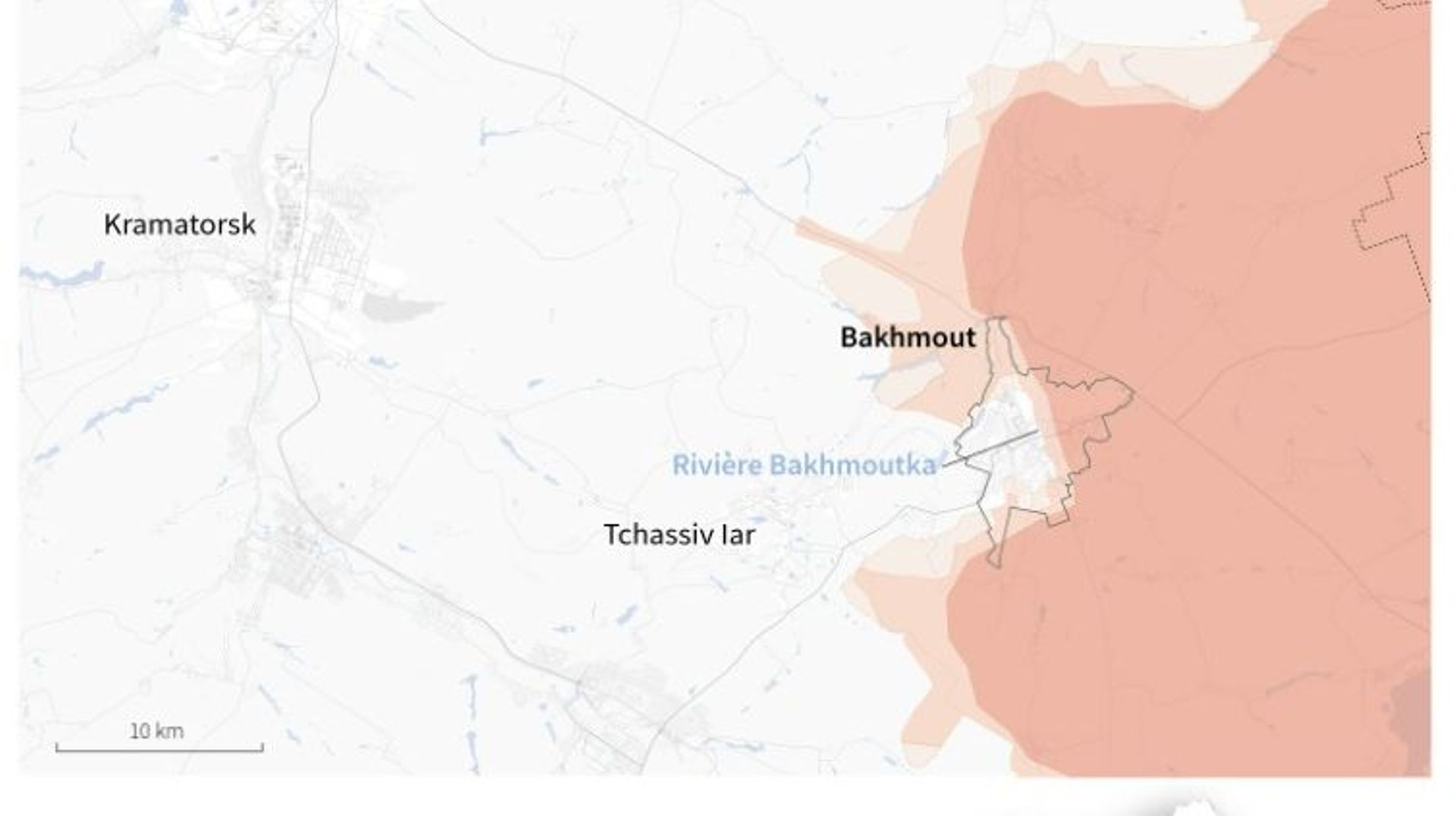 Carte de la ligne de front autour de la ville de Bakhmout, dans l’oblast de Donetsk, que les forces russes cherchent à prendre.