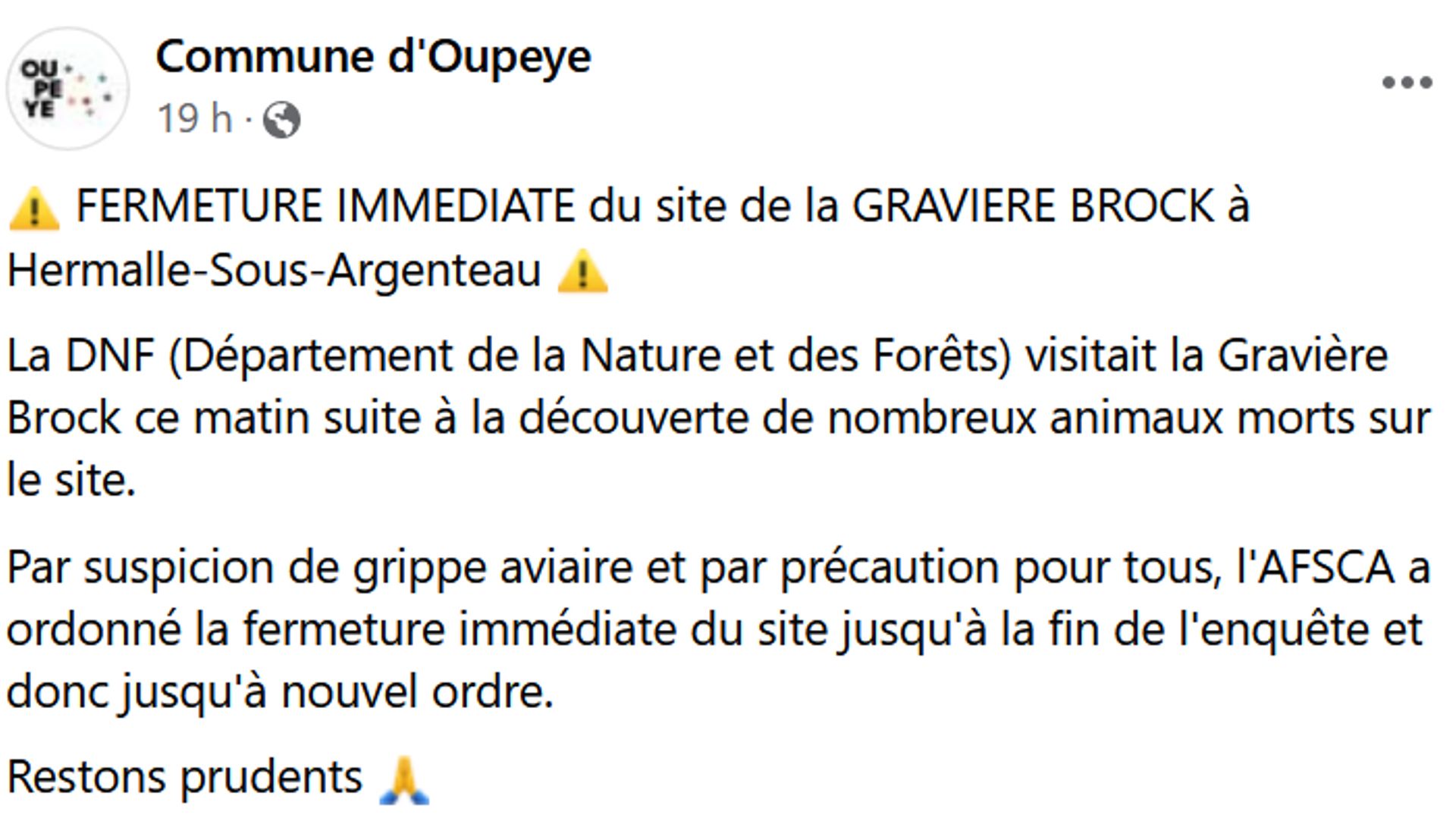 La commune d'Oupeye annonçait hier la fermeture du site de la gravière via sa page Facebook.