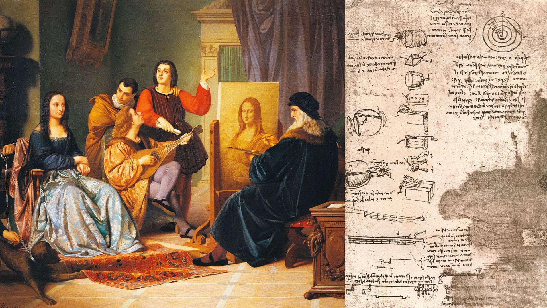 A gauche : peinture de Cesare Maccari représentant Léonard de Vinci peignant Mona Lisa – A droite : codex de Leonard de Vinci, dessins d’instruments de musique