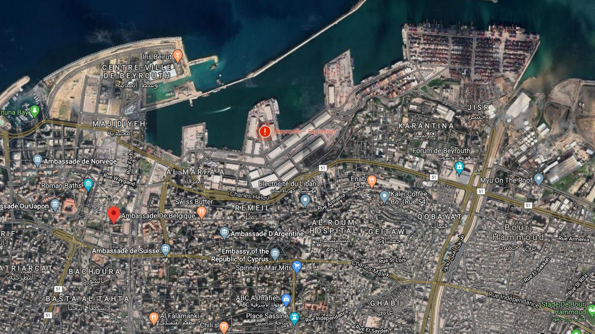 Sur ce plan de Beyrouth, on remarque la proximité du lieu de l’explosion et de l’ambassade de Belgique