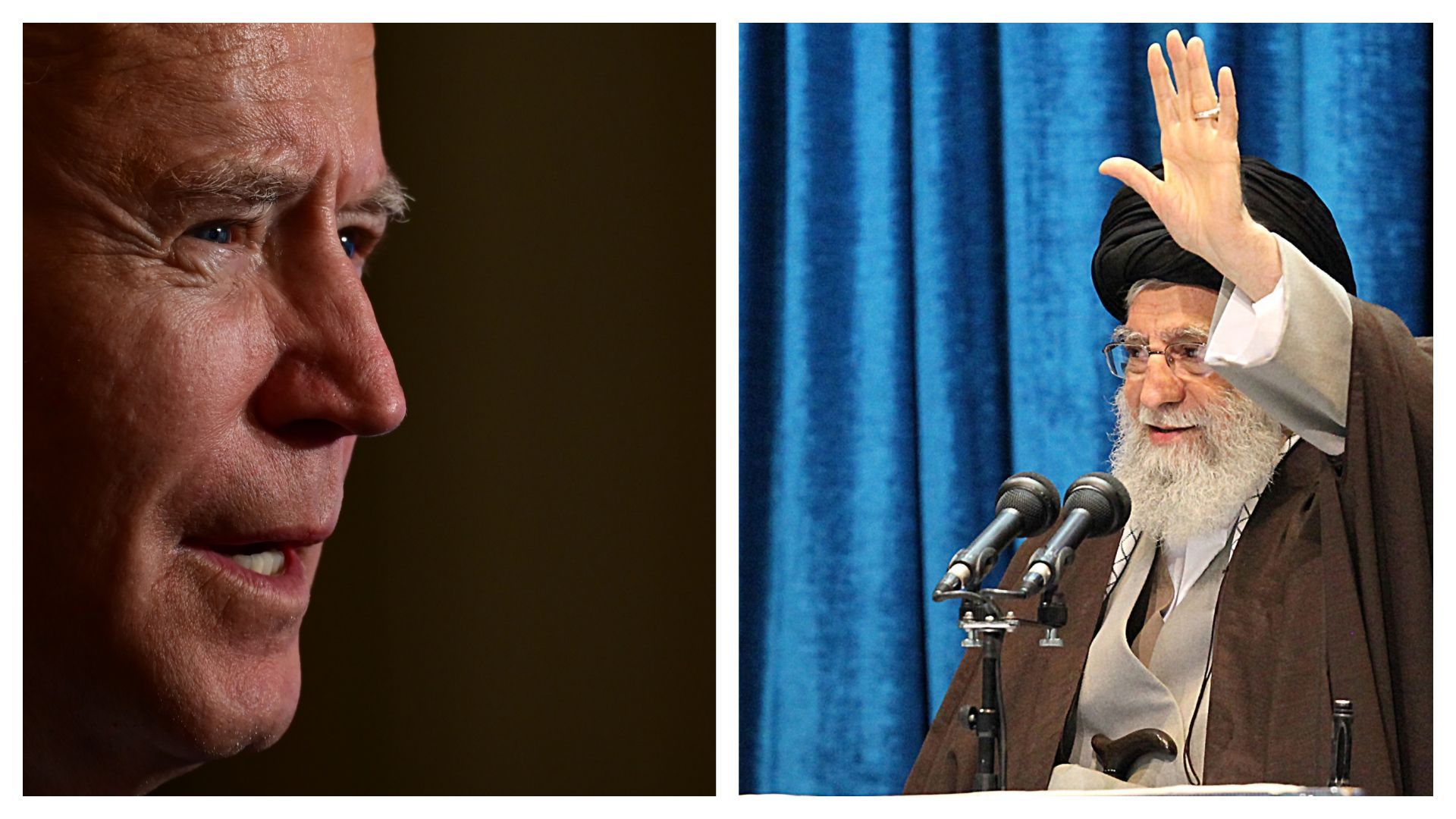 Joe Biden, le 20 janvier 2021, et l'Ayattolah Ali Khamenei, guide de la révolution iranienne 