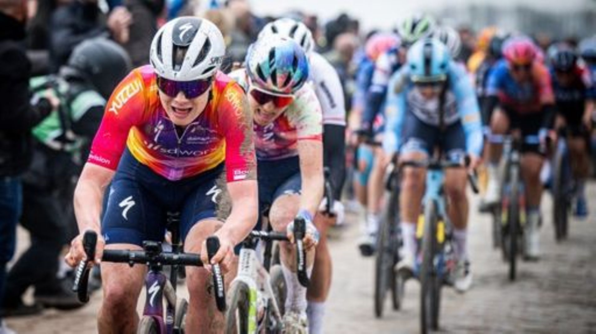 Belgian Lotte Kopecky of SD Worx pictured in action during the third edition of the women elite race of the 'Paris-Roubaix' cycling event, 145,4 km from Denain to Roubaix, France on Saturday 08 April 2023. BELGA PHOTO JASPER JACOBS
