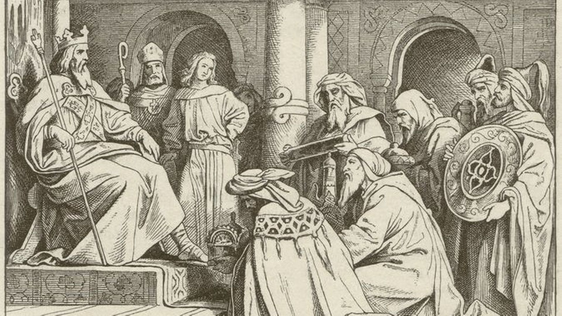 Les ambassadeurs du Caliphe Harun al-Rashid devant Charlemagne en 801