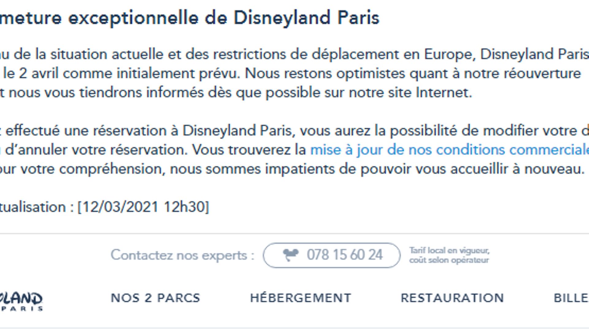 Capture d'écran du site de Disneyland Paris