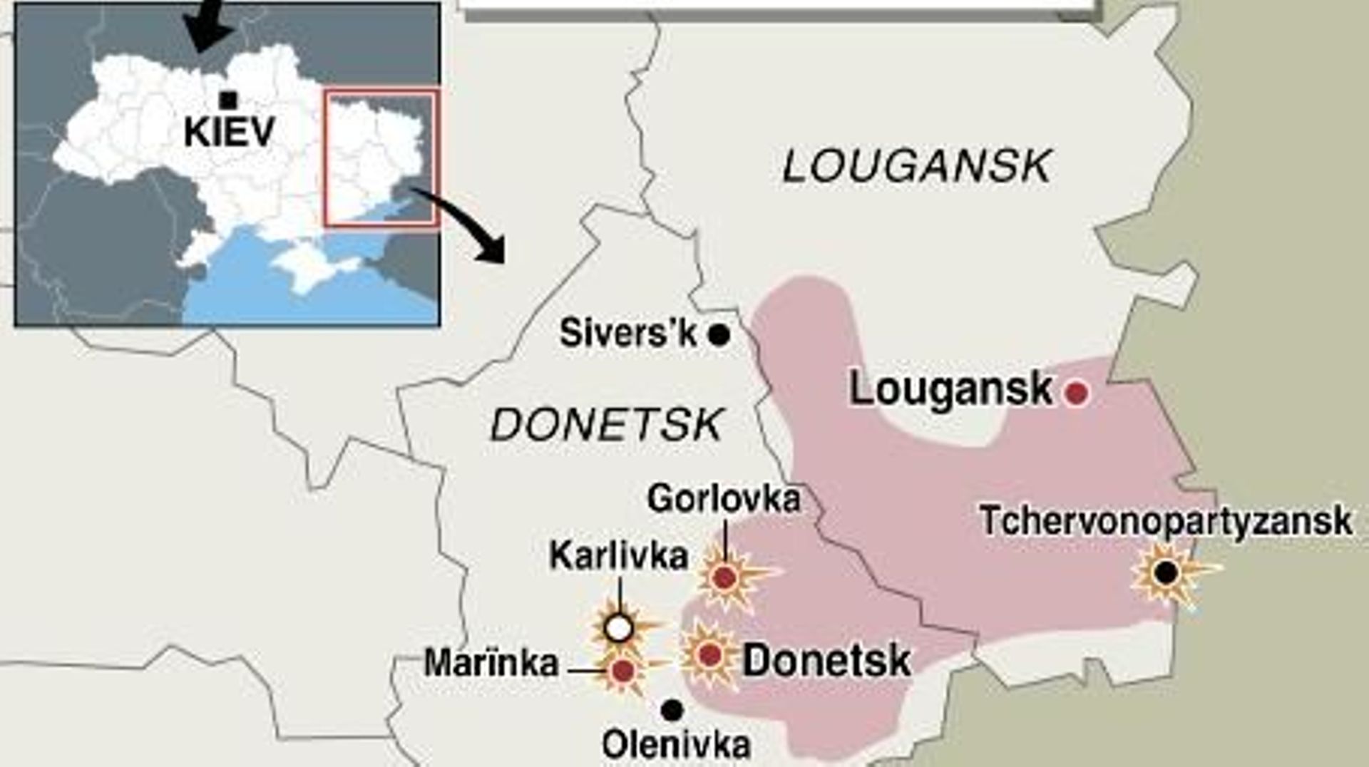 Carte de l'est de l'Ukraine montrant les zones sous contrôle et les combats de vendredi 