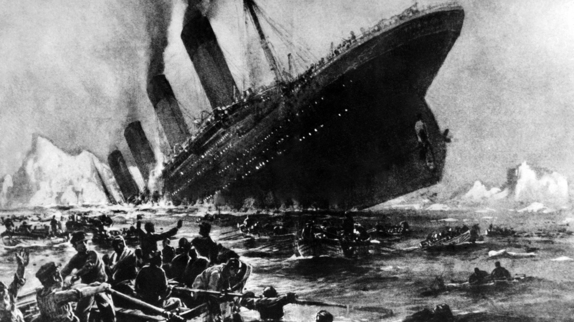 Dessin représentant le naufrage du paquebot "Le Titanic", dans la nuit du 14 au 15 avril 1912 dans l'Atlantique nord, après avoir heurté un iceberg au cours de son voyage inaugural.