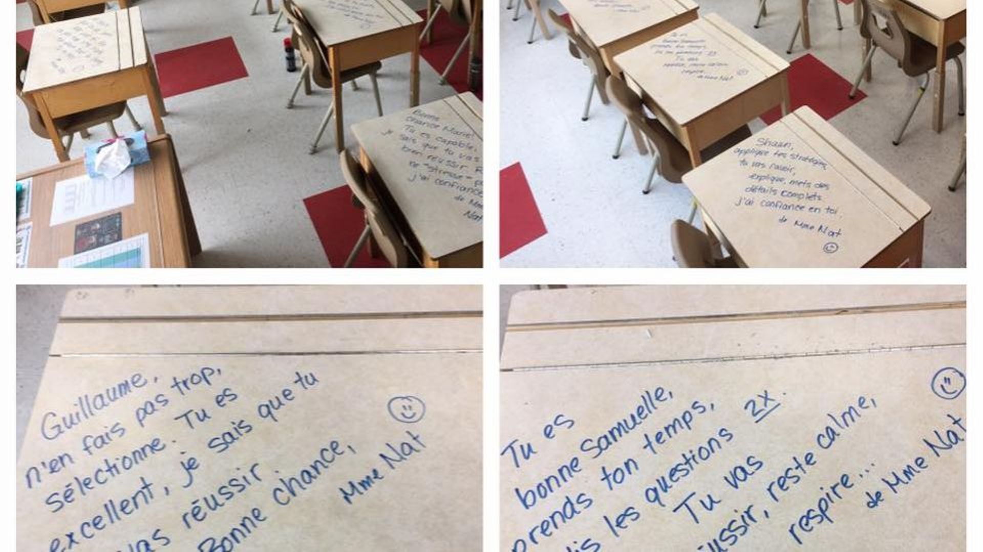 Elle écrit des encouragements sur le banc de ses élèves...