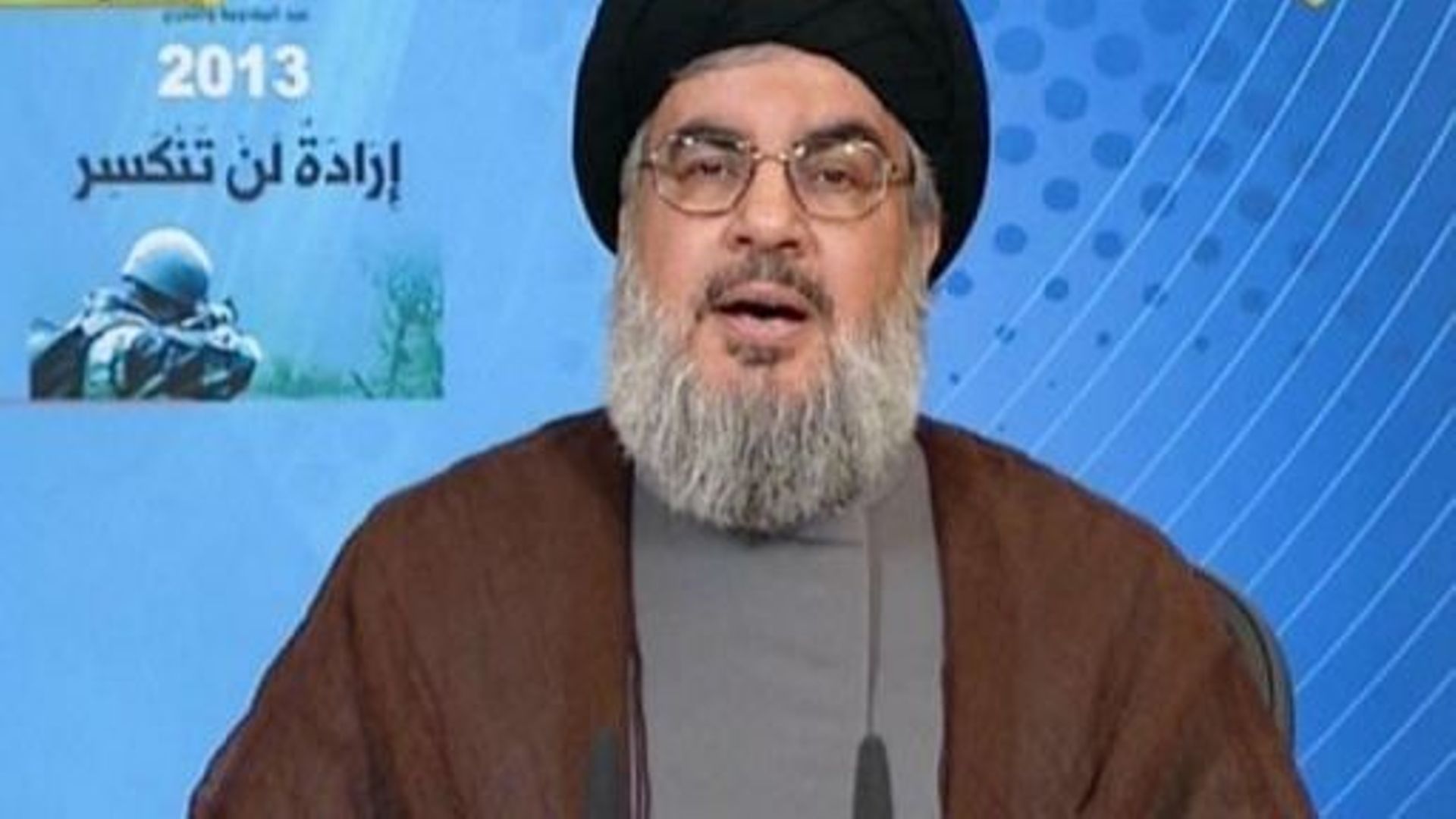 Capture d'écran de la TV al-Manar montrant Hassan Nasrallah, pendant son discours le 25 mai 2013