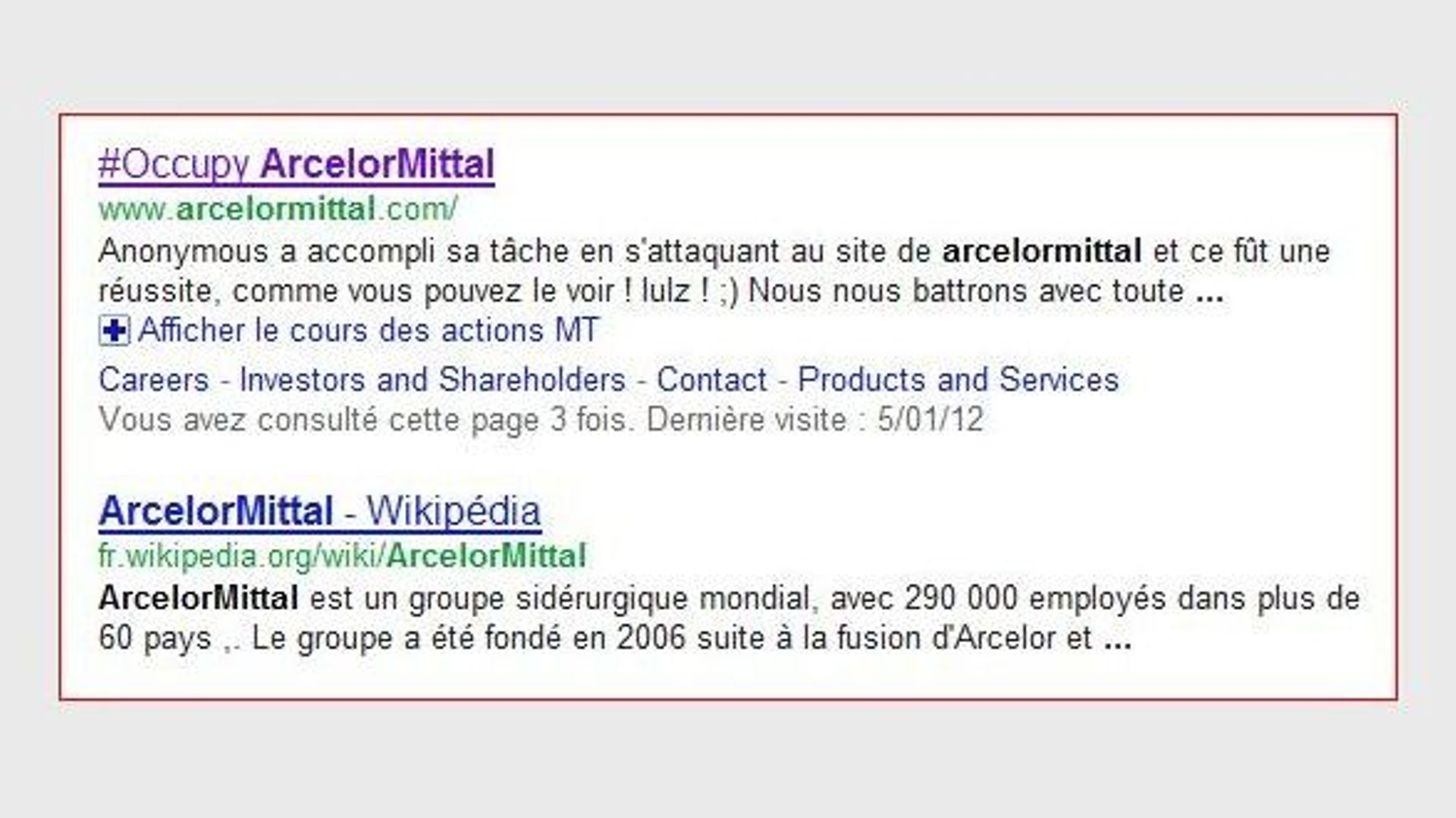 Capture d'écran d'une recherche google pour ArcelorMittal Liège