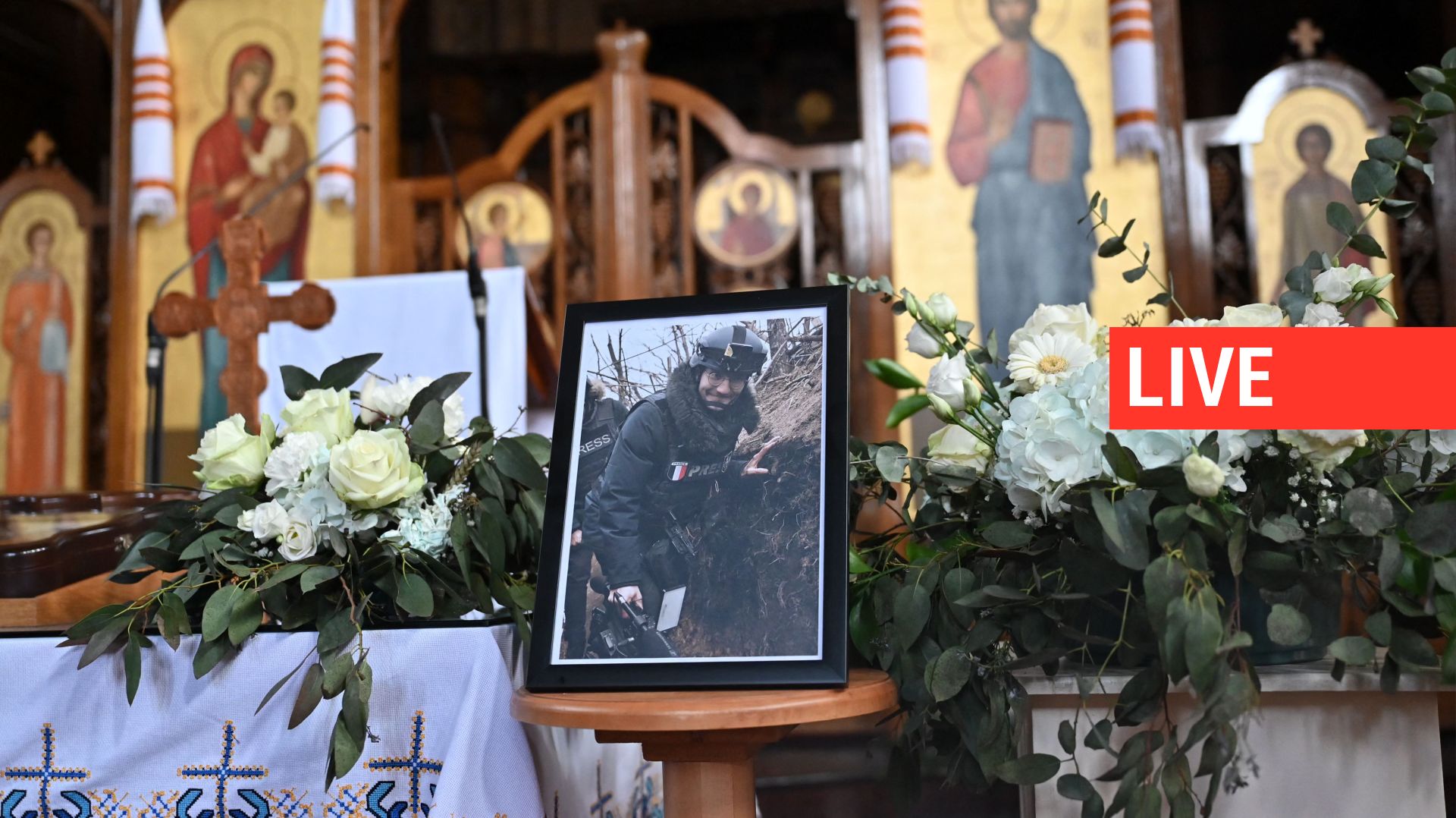 Un hommage à Arman Soldin, journaliste vidéo de l'AFP, à la cathédrale catholique ukrainienne de Londres, le 10 mai 2023.