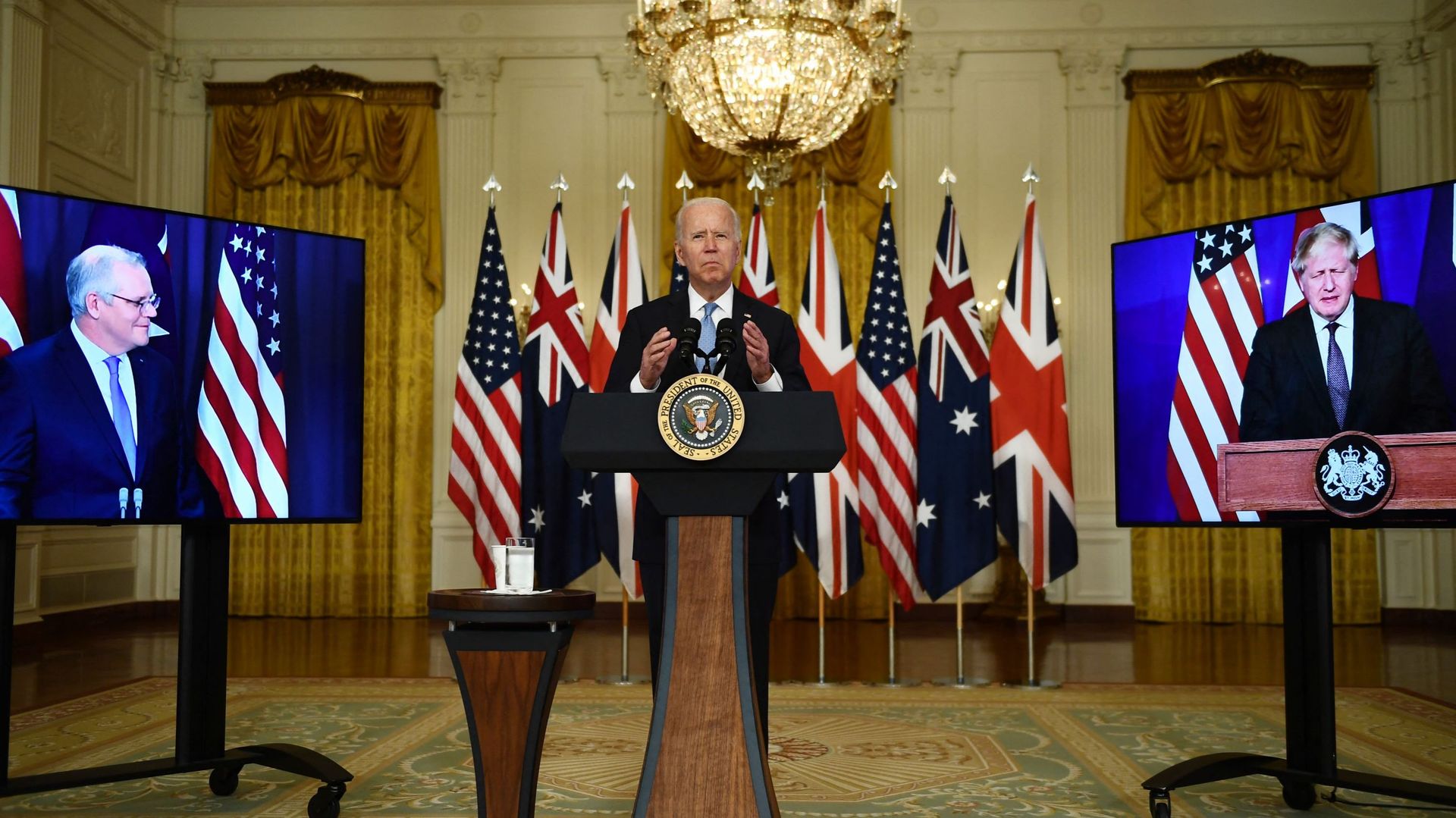 Le président américain Joe Biden annonce la création de l’alliance AUKUS avec le Premier ministre britannique Boris Johnson et le Premier ministre australien Scott Morrison, le 15 septembre 2021.