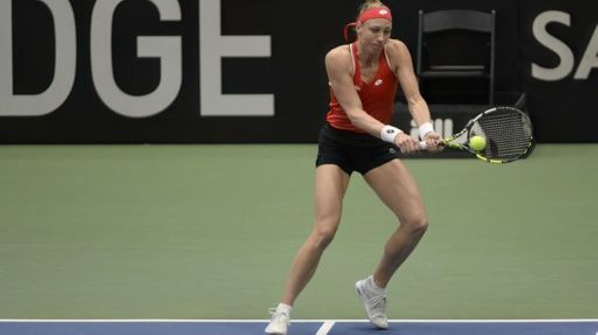 Belgian Yanina Wickmayer pictured in action during a tennis match against Canadian Fernandez during the meeting between Canada and Belgium, in the qualifiers for the Billie Jean King Cup tennis in Vancouver, Canada, on Friday 14 April 2023. BELGA PHOTO AN