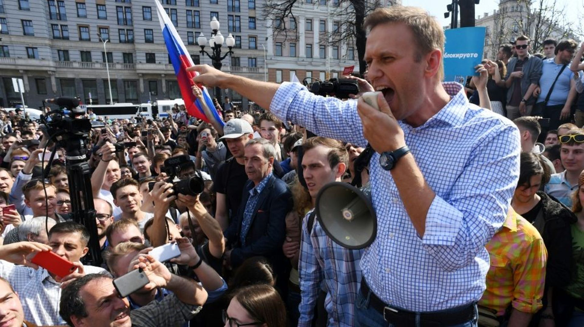 Alexeï Navalny lors d'une manifestation contre Vladimir Poutine non autorisée, à Moscou le 5 mai 2018