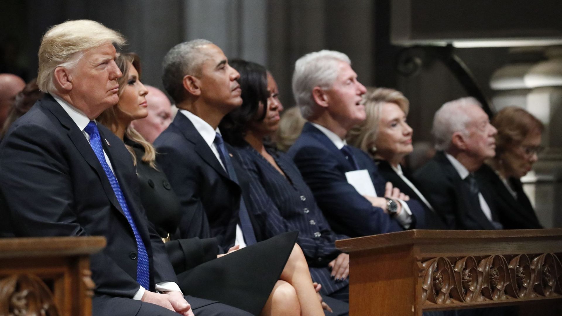 Trump, Obama, Clinton, Carter et leurs épouses lors des funérailles de Georges Bush (Père) le 5 décembre 2018.